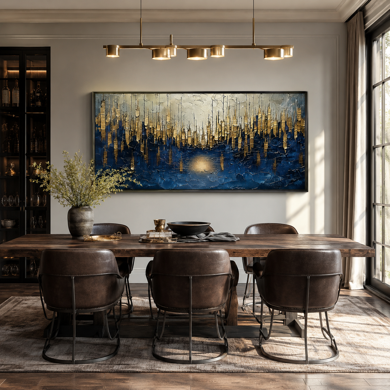 “Golden Metropolis” – Blue and Gold Abstract Cityscape Oil Painting