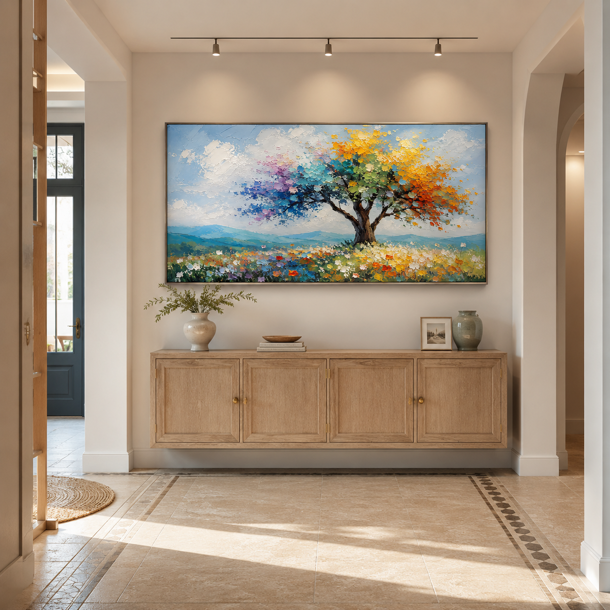 “Seasons in Bloom” – Colorful Tree Landscape Oil Painting