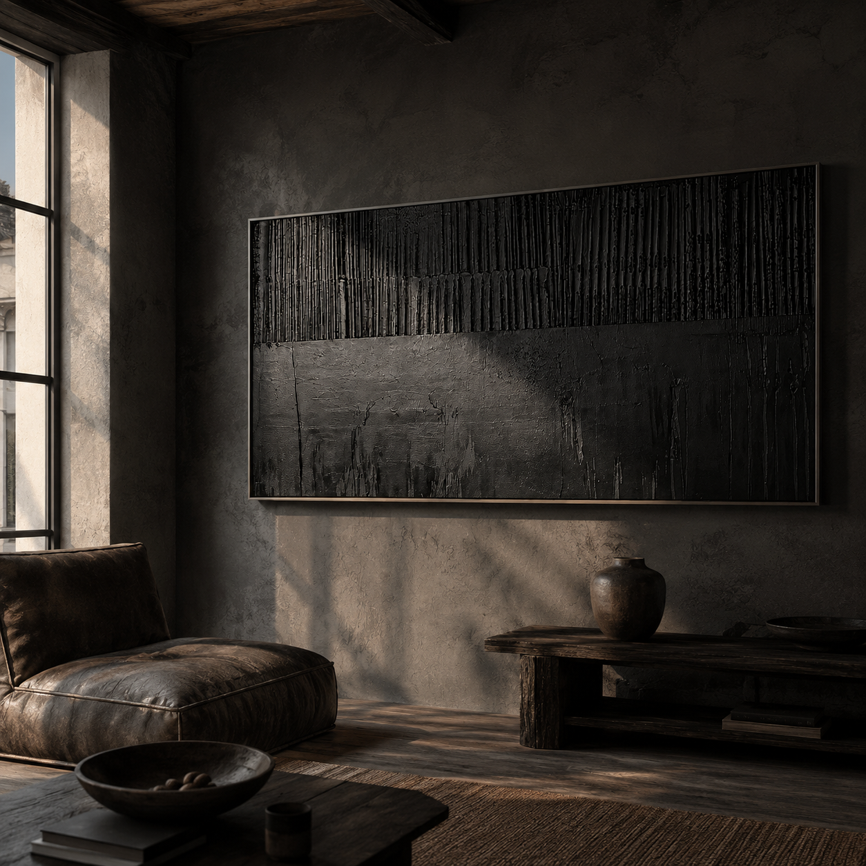 “Noir Structure” – Black Textured Abstract Oil Painting