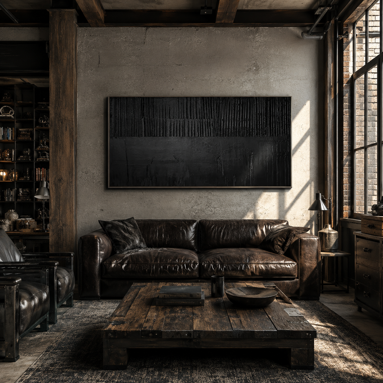 “Noir Structure” – Black Textured Abstract Oil Painting