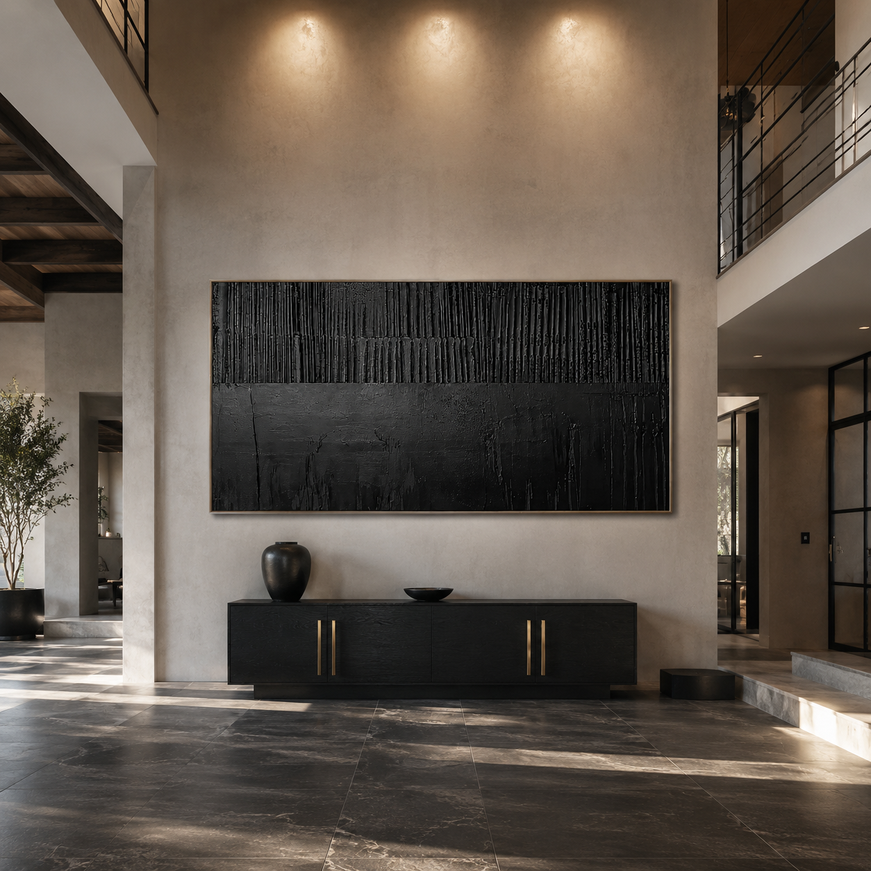 “Noir Structure” – Black Textured Abstract Oil Painting