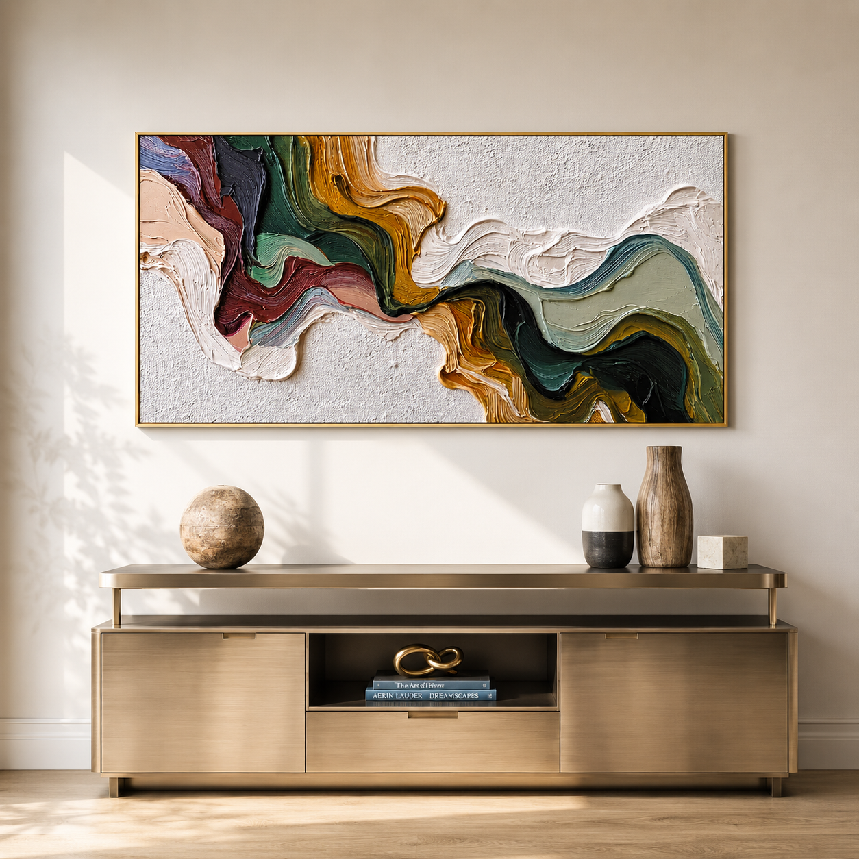 “Earthen Current” – Textured Abstract Impasto Painting in Olive Green and Ochre