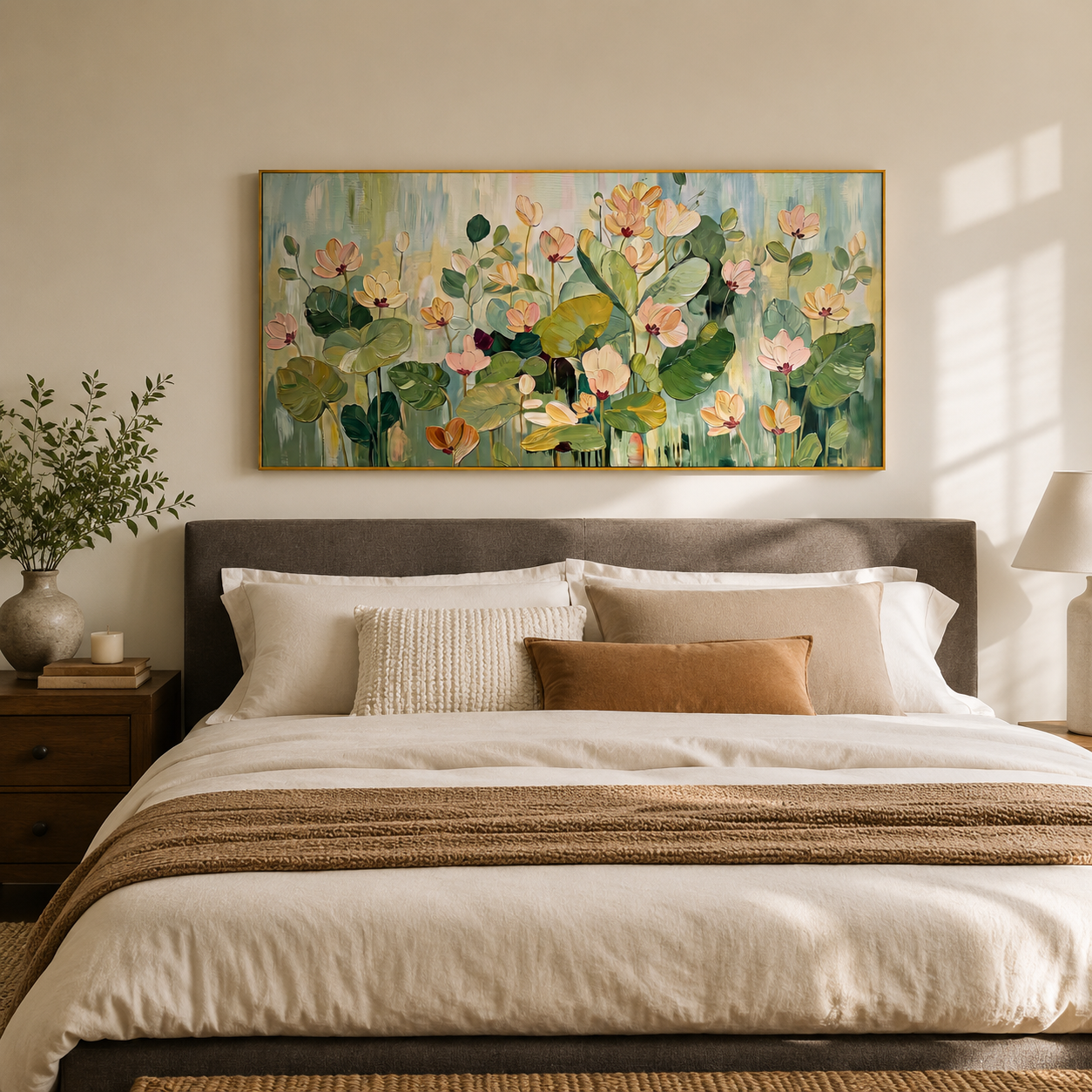 “Garden in the Morning Mist” – Soft Green Floral Panoramic Hand-Painted Canvas Art