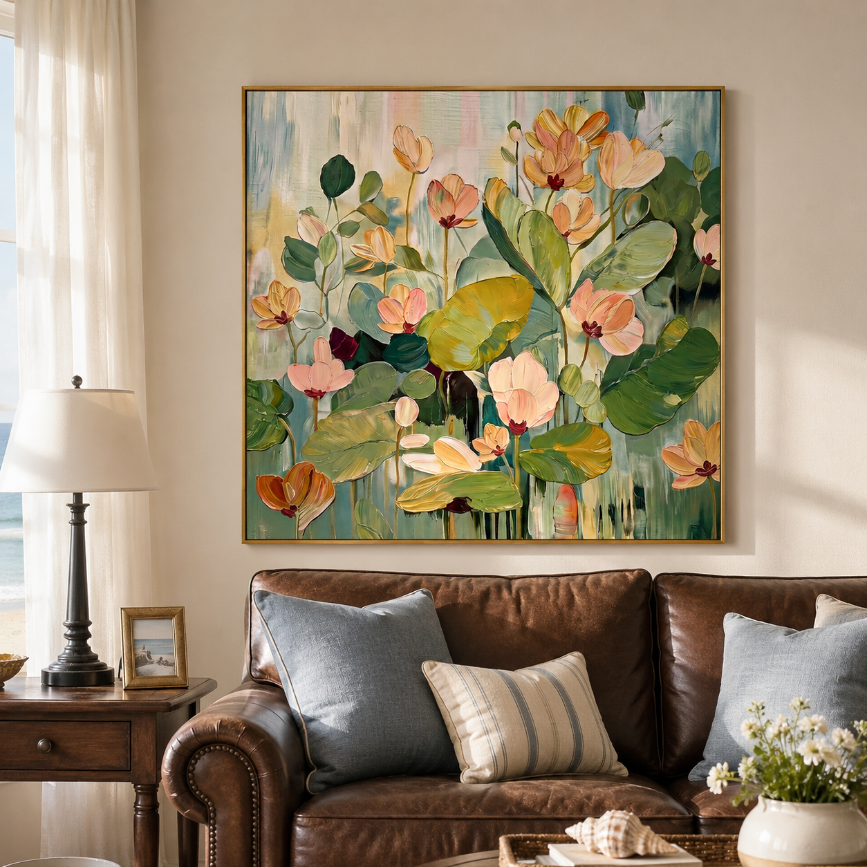 “Blooming Stillness” – Soft Green Lotus Floral Hand-Painted Canvas Art