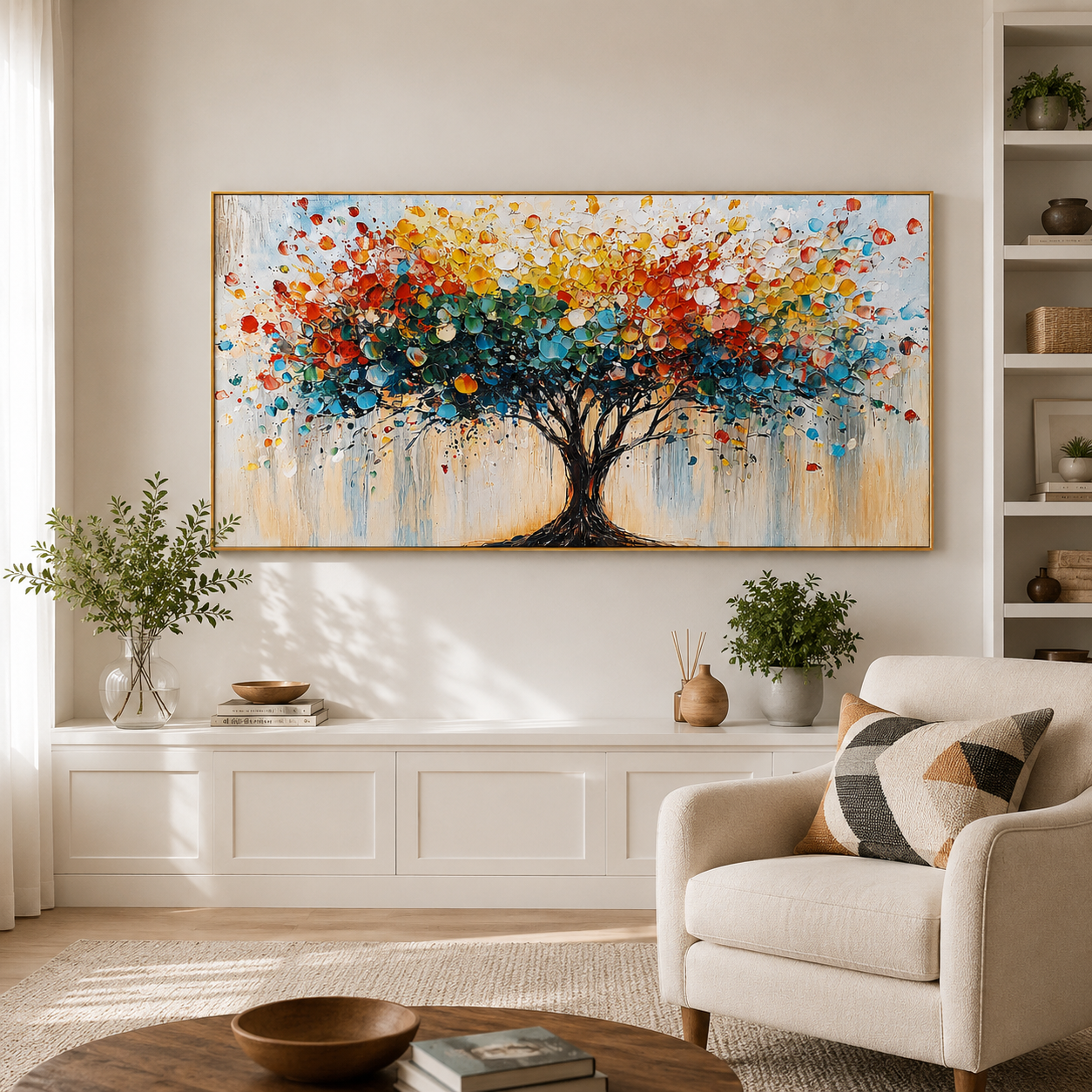 “Tree of Radiant Joy” – Colorful Abstract Tree Panoramic Hand-Painted Canvas Art