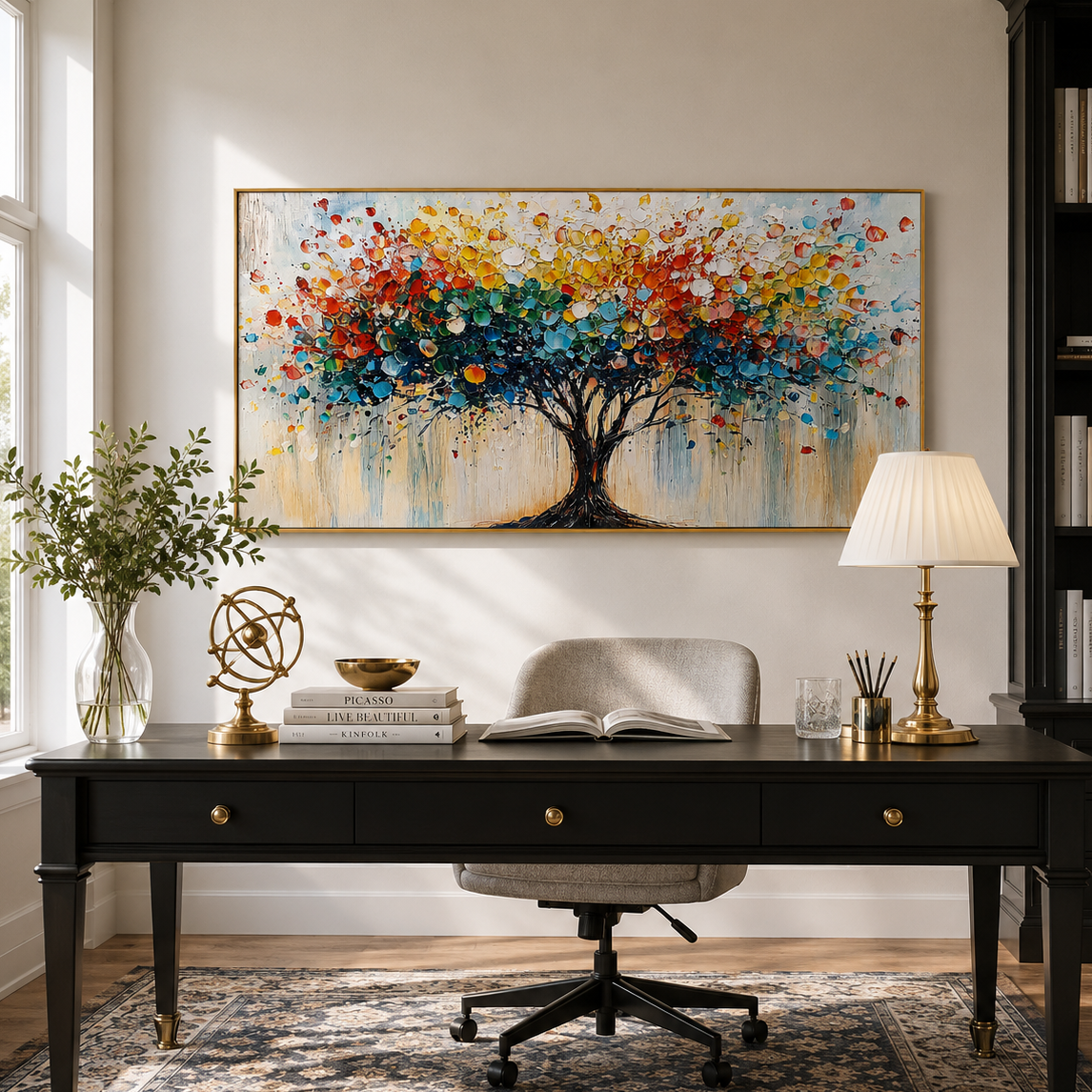 “Tree of Radiant Joy” – Colorful Abstract Tree Panoramic Hand-Painted Canvas Art
