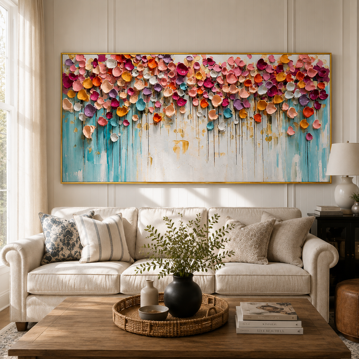“Petals of Celebration” – Colorful Impasto Floral Panoramic Hand-Painted Canvas Art