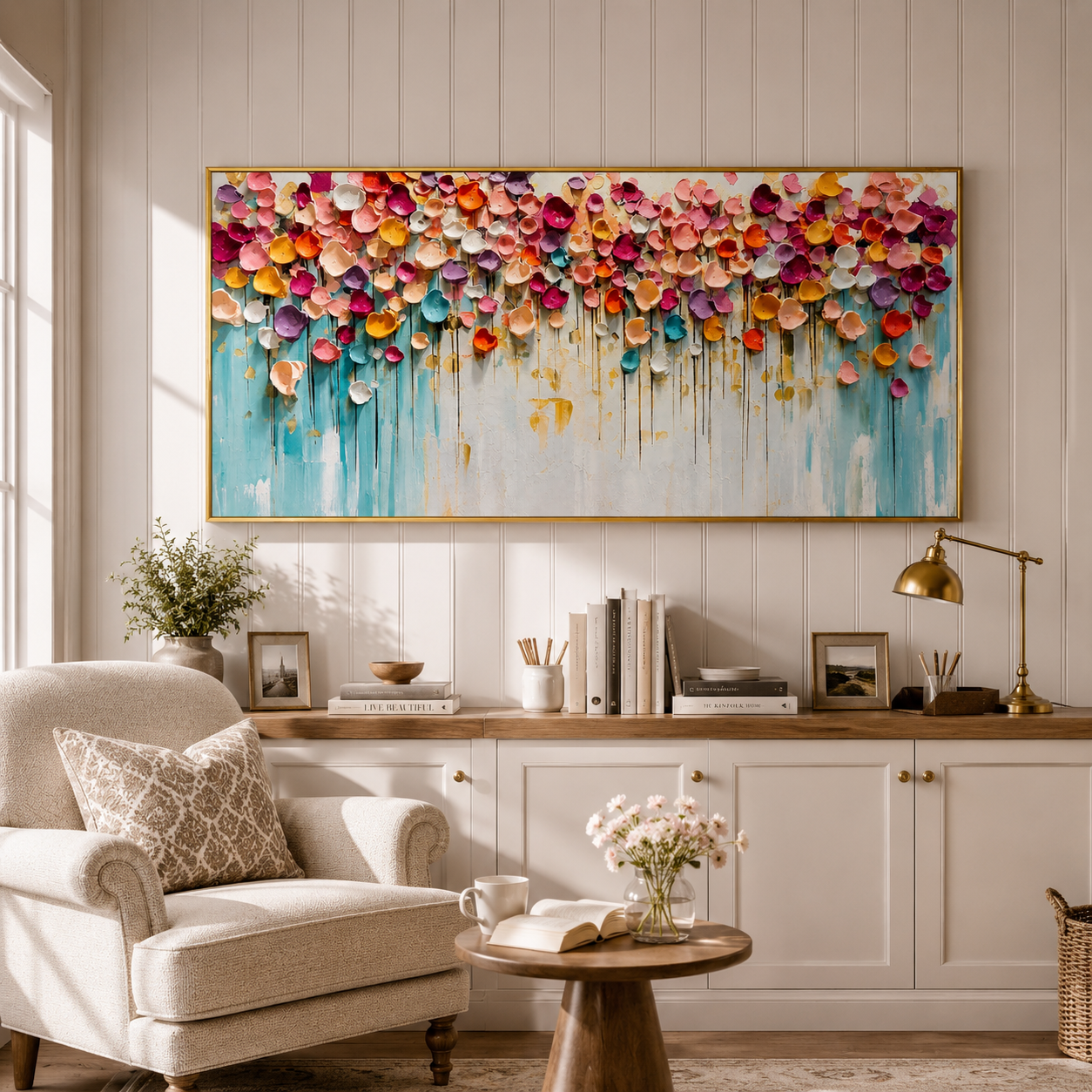 “Petals of Celebration” – Colorful Impasto Floral Panoramic Hand-Painted Canvas Art