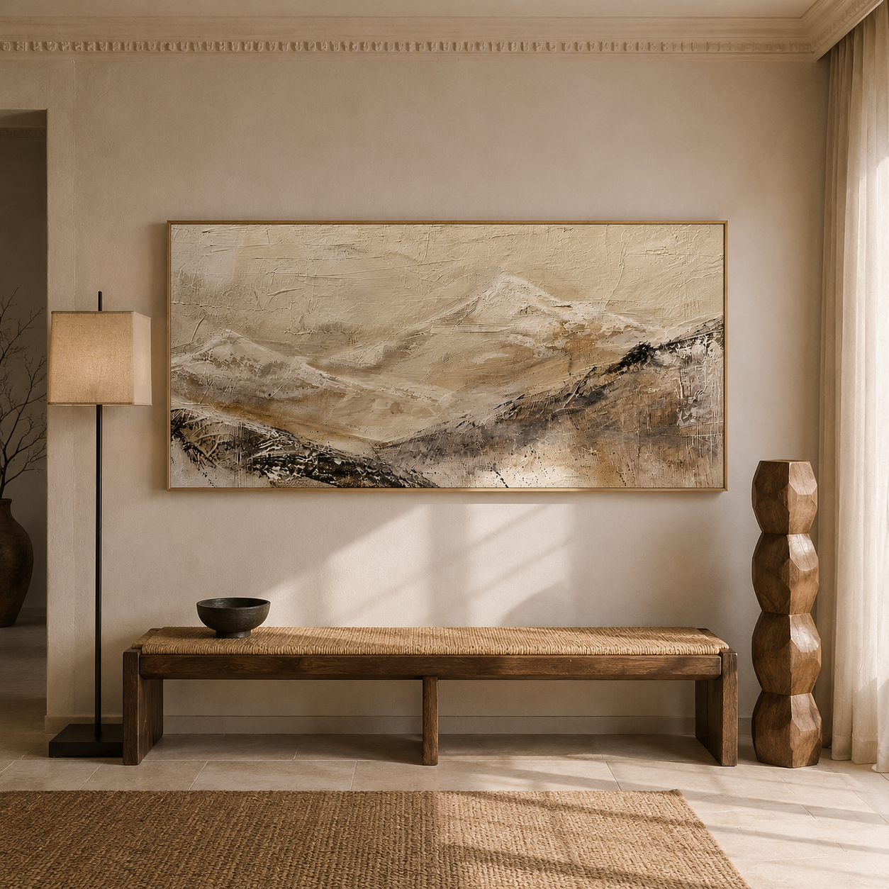 “Silent Mountain Trace” – Wabi-Sabi Beige Abstract Landscape Hand-Painted Canvas Art