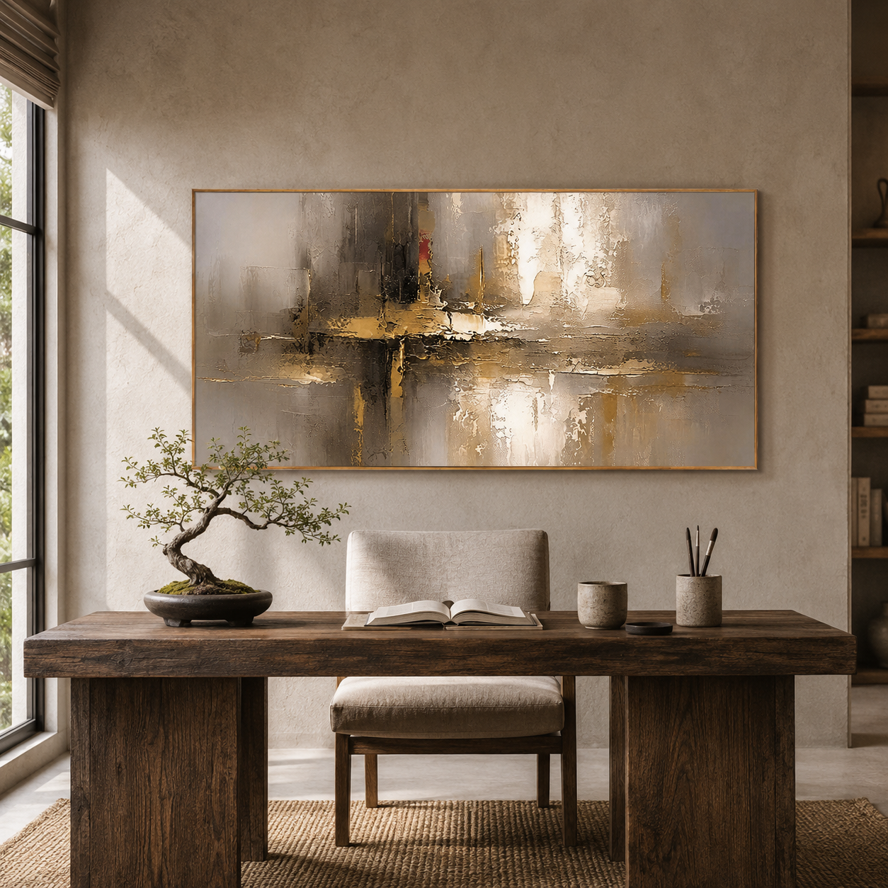 “Golden Silence” – Modern Taupe Gold Abstract Panoramic Hand-Painted Canvas Art