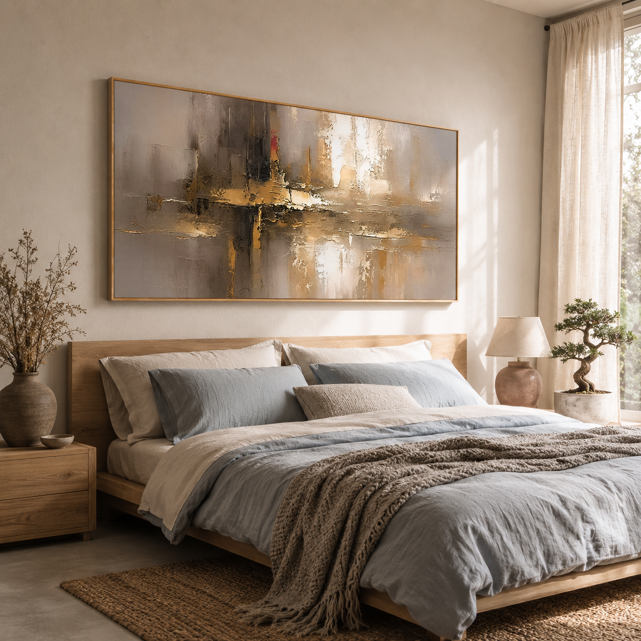 “Golden Silence” – Modern Taupe Gold Abstract Panoramic Hand-Painted Canvas Art