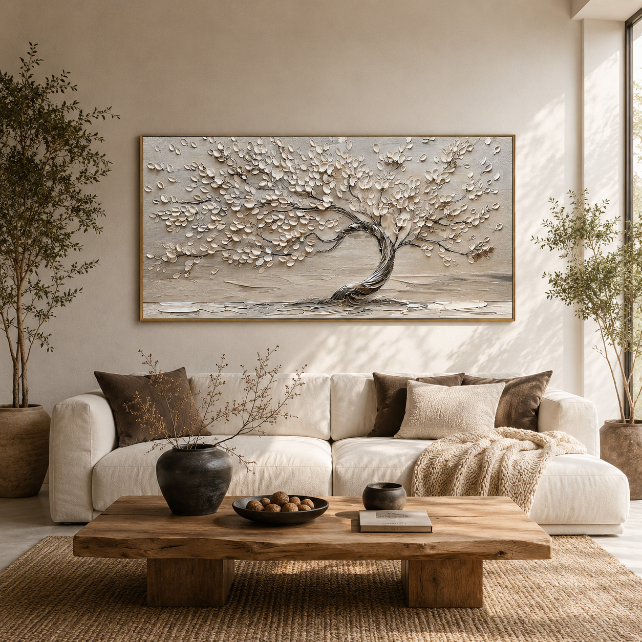 “Whispering Branches” – Wabi-Sabi Beige Tree Panoramic Hand-Painted Canvas Art