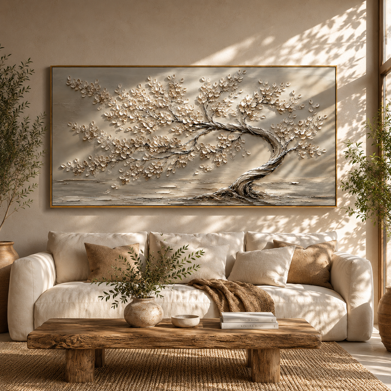 "Windswept Serenity" – Wabi-Sabi Neutral Textured Tree Oil Painting