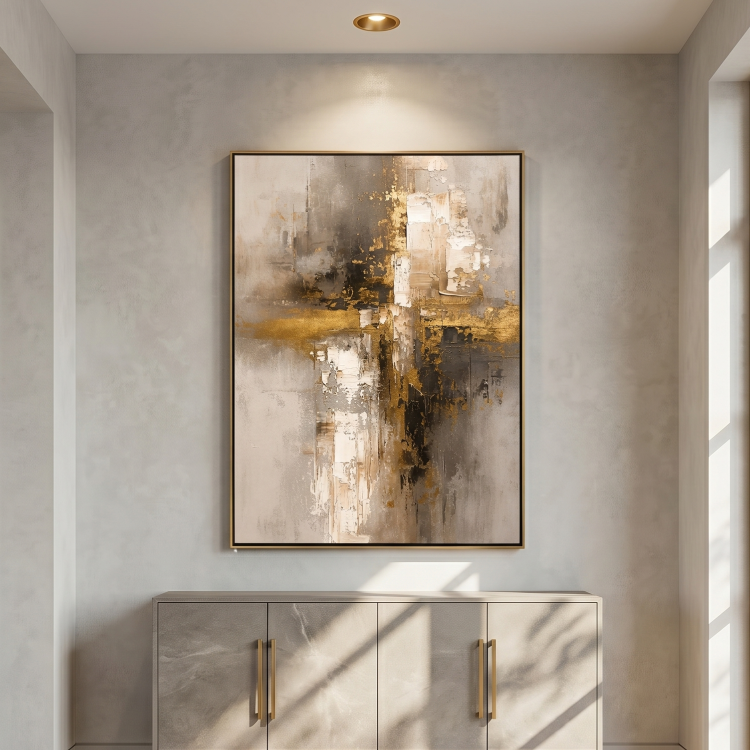 "Gilded Skyline" – Gold Gray Industrial Textured Abstract Painting