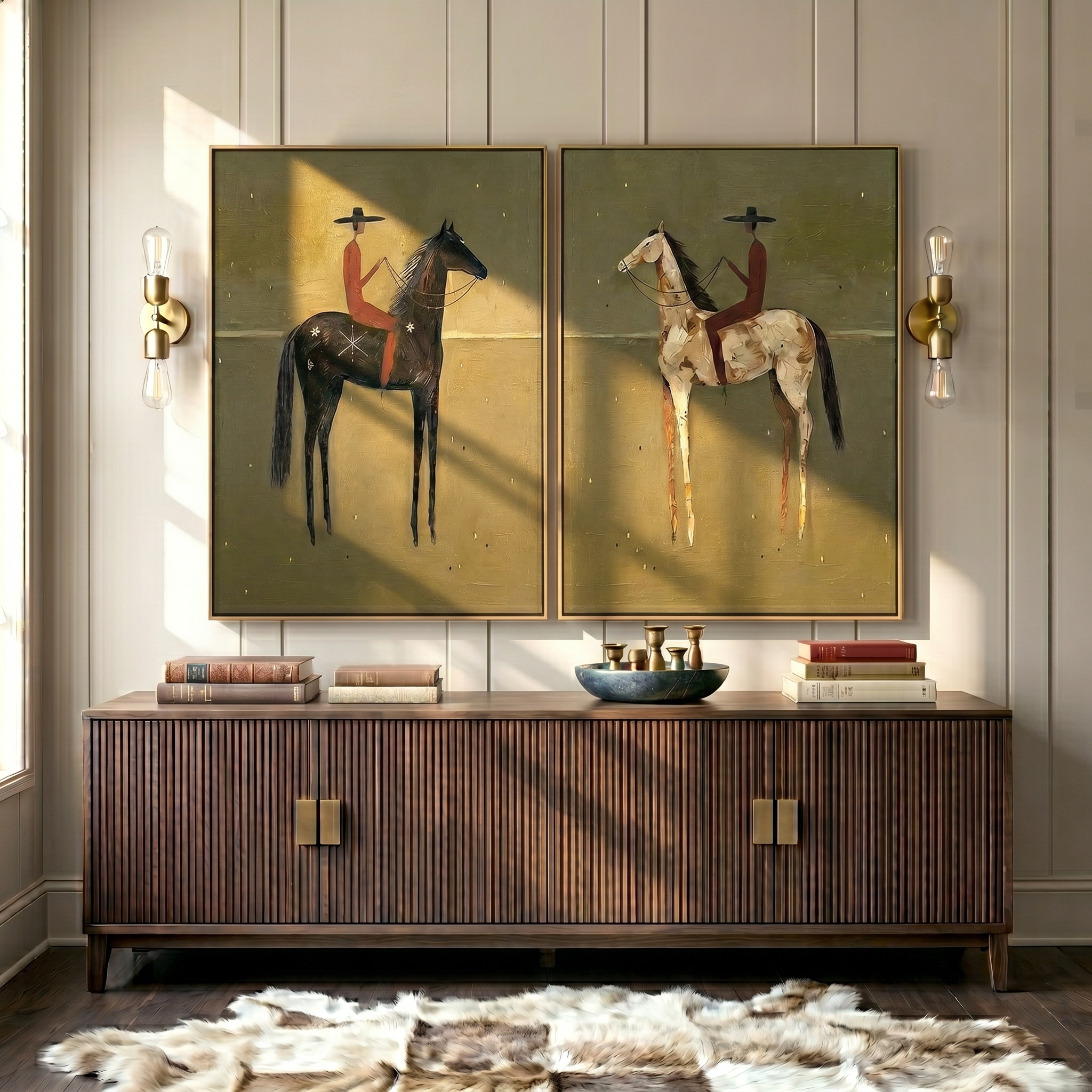 "Twilight Riders of the Frontier" – Western Desert Diptych Oil Painting Set