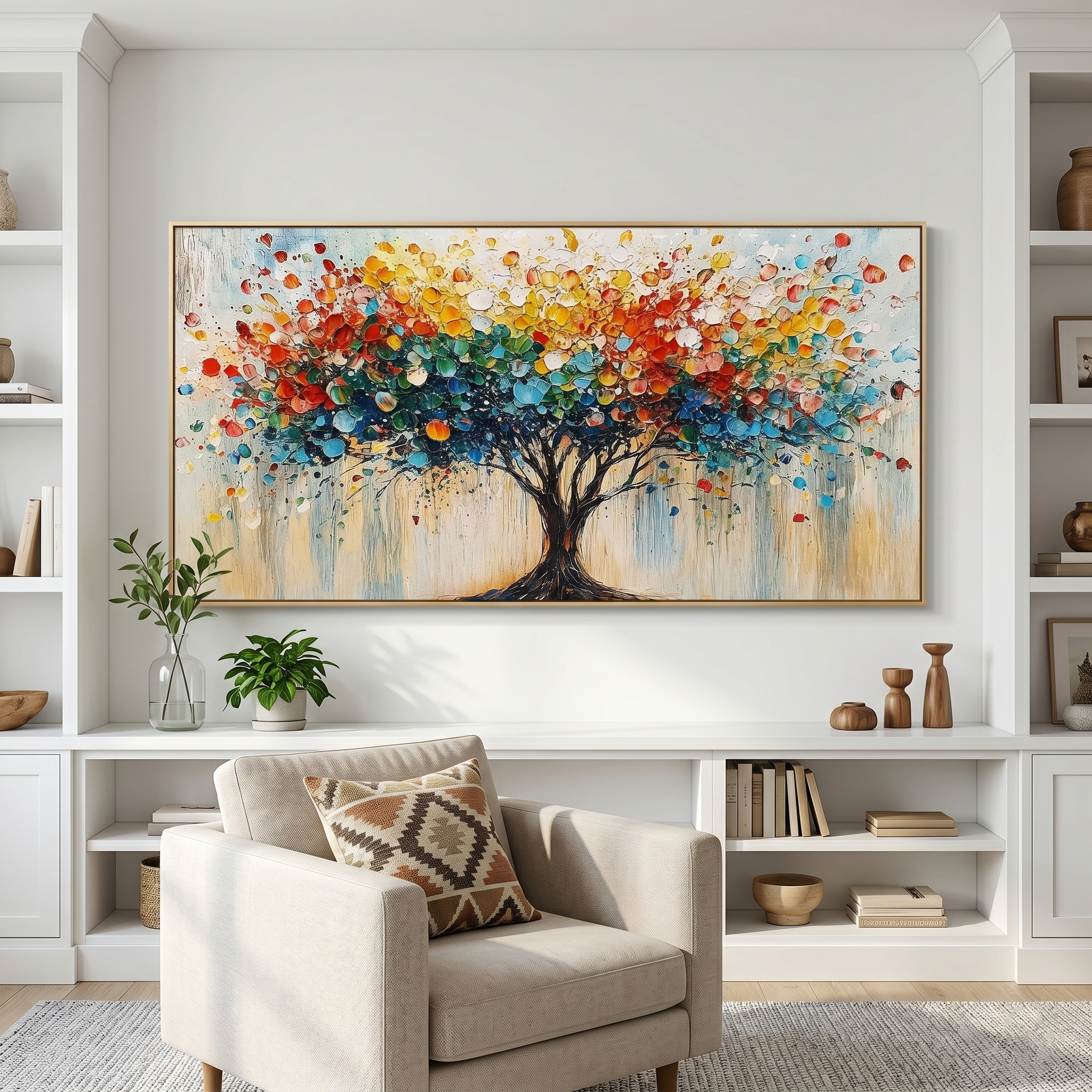 “Tree of Radiant Joy” – Colorful Abstract Tree Panoramic Hand-Painted Canvas Art