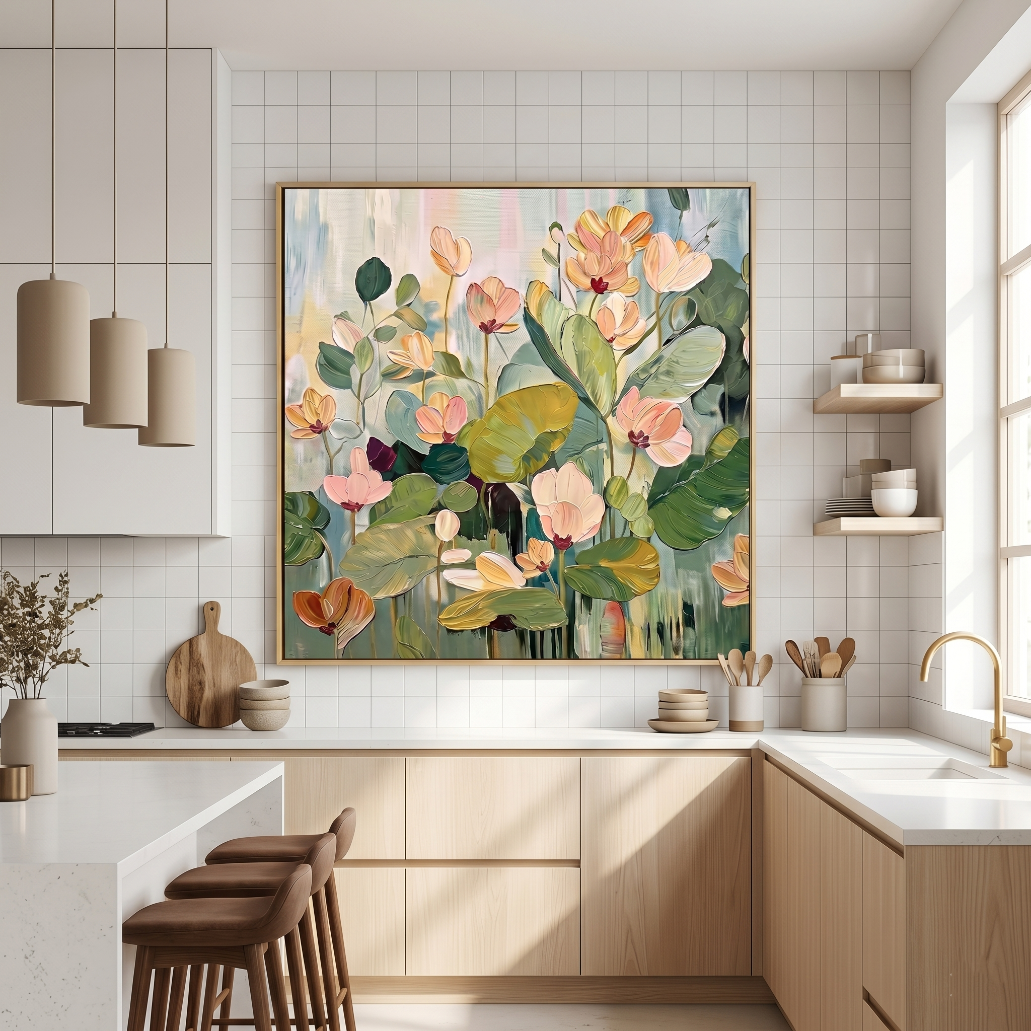 “Blooming Stillness” – Soft Green Lotus Floral Hand-Painted Canvas Art