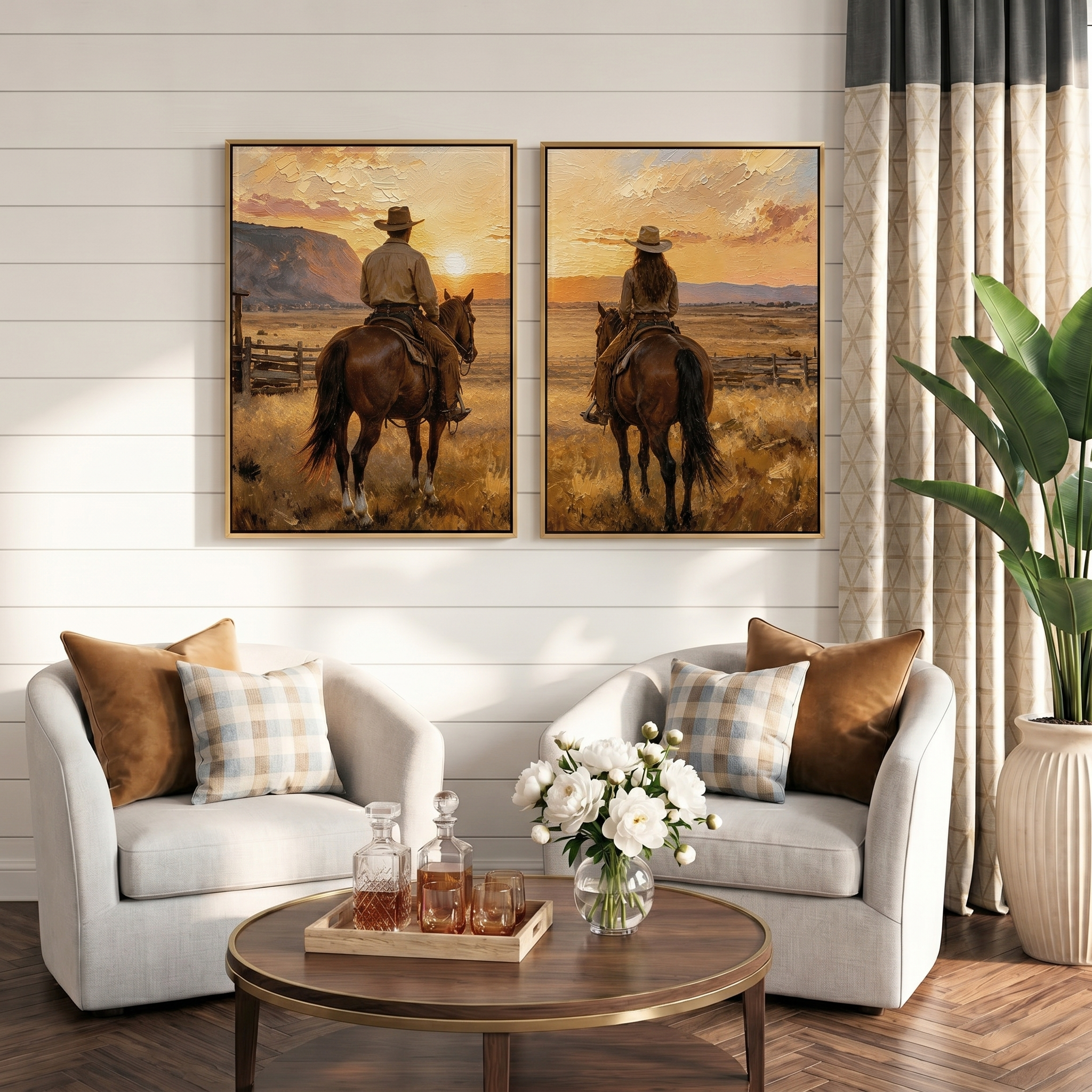 "Golden Horizon Companions" – Western Cowboy & Cowgirl Sunset Diptych Oil Painting