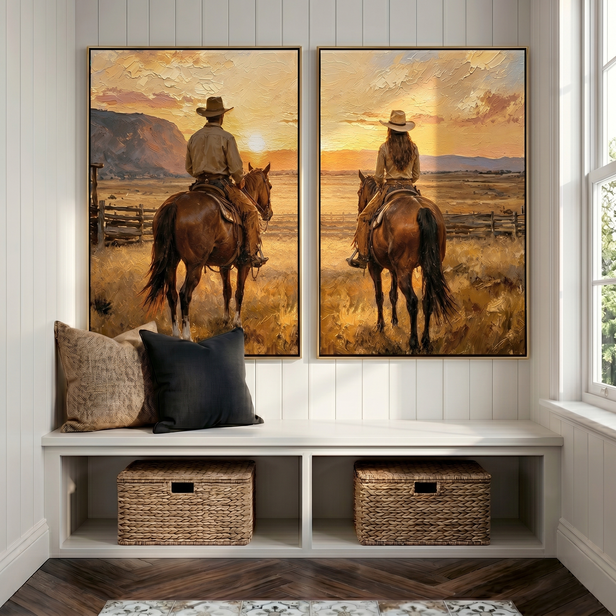 "Golden Horizon Companions" – Western Cowboy & Cowgirl Sunset Diptych Oil Painting