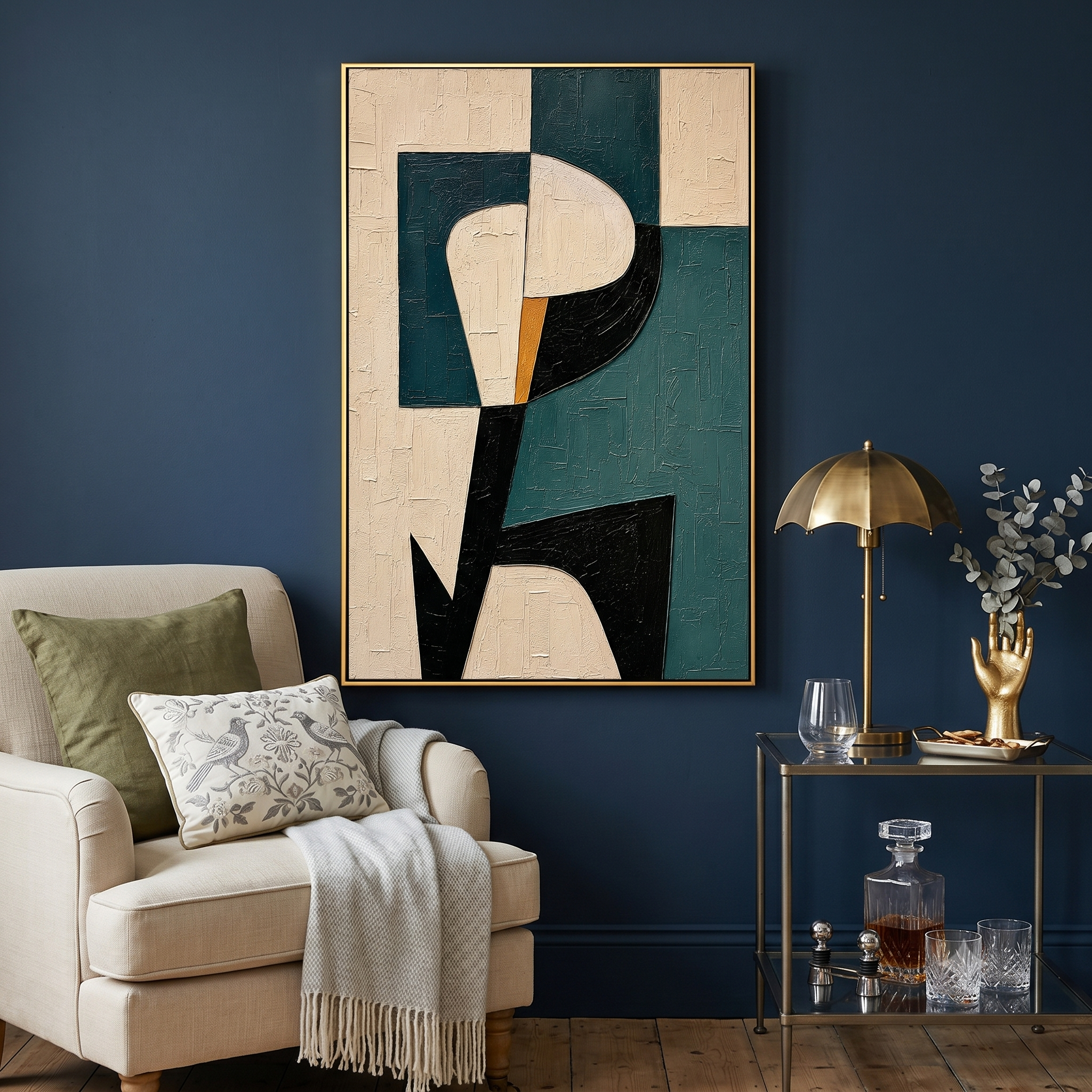 "Modern Muse" – Teal Black Geometric Figure Abstract Painting