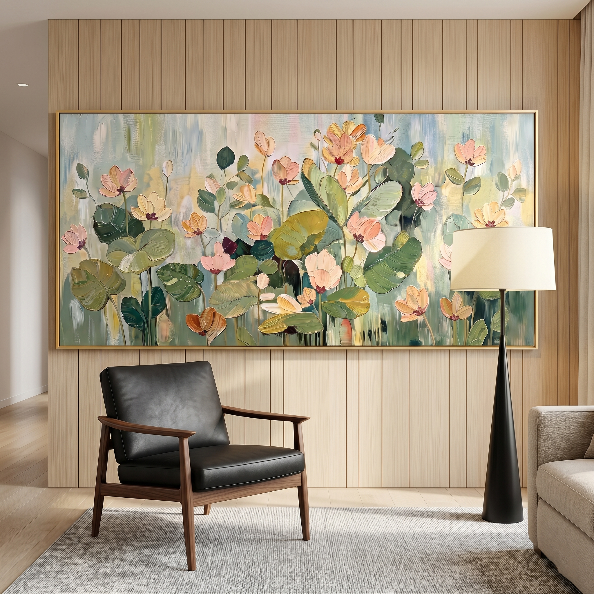 “Garden in the Morning Mist” – Soft Green Floral Panoramic Hand-Painted Canvas Art