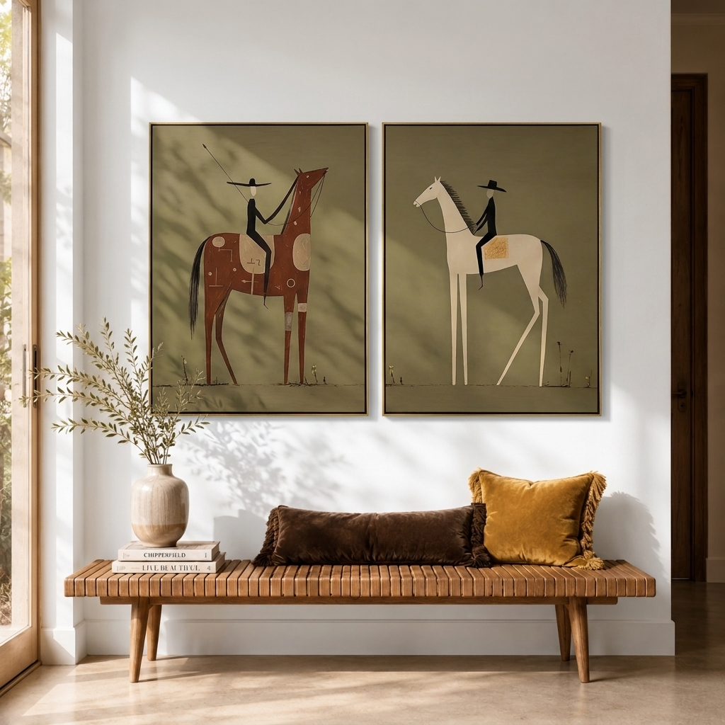 “Prairie Pilgrims” – Primitive Equestrian Oil Painting Set