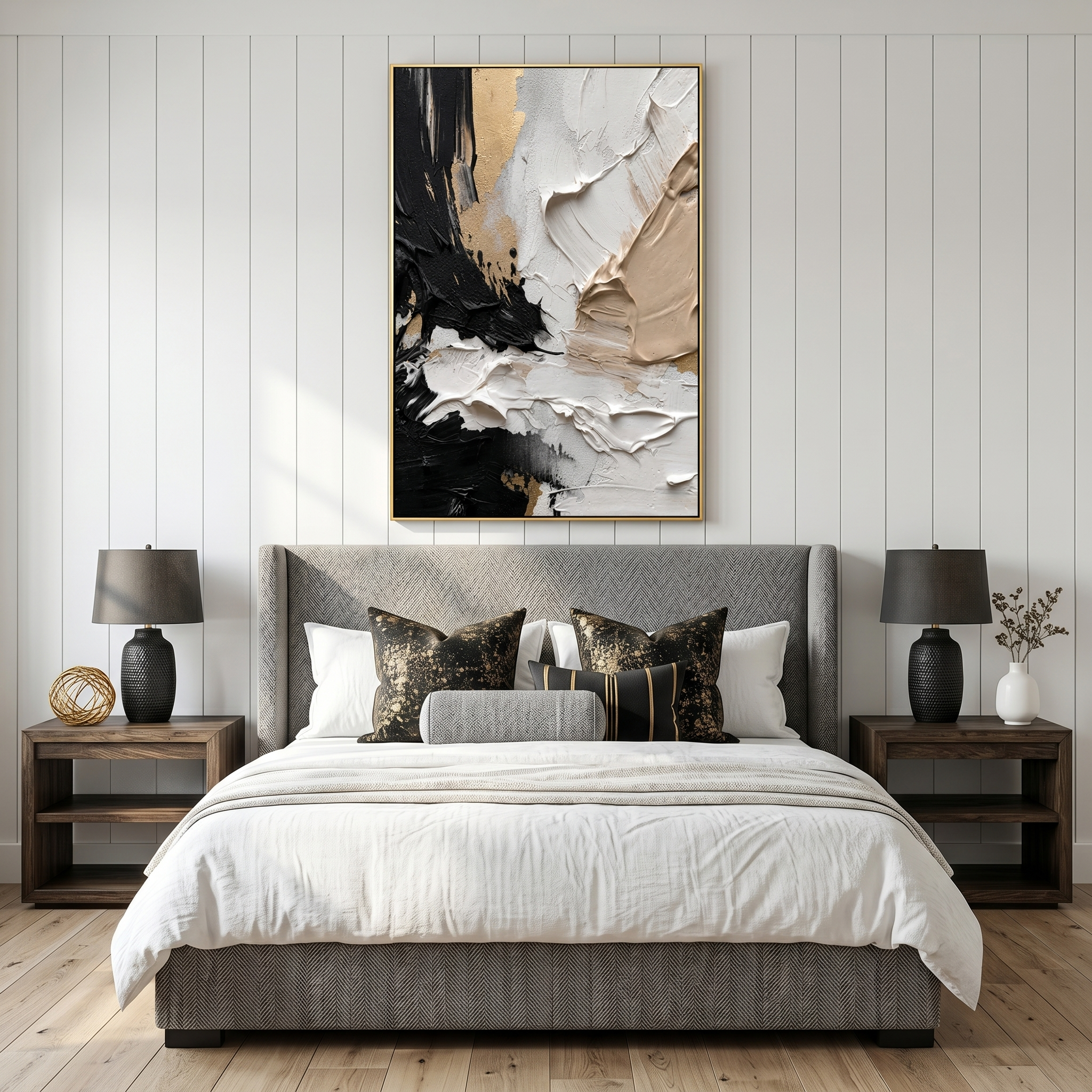 "Gilded Contrast" – Black White Gold Textured Abstract Painting