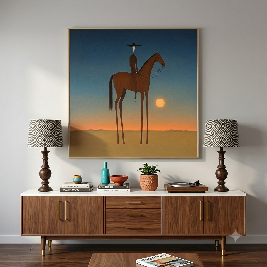 "Moonlit Horizon" – Minimalist Western Cowboy Horse Oil Painting