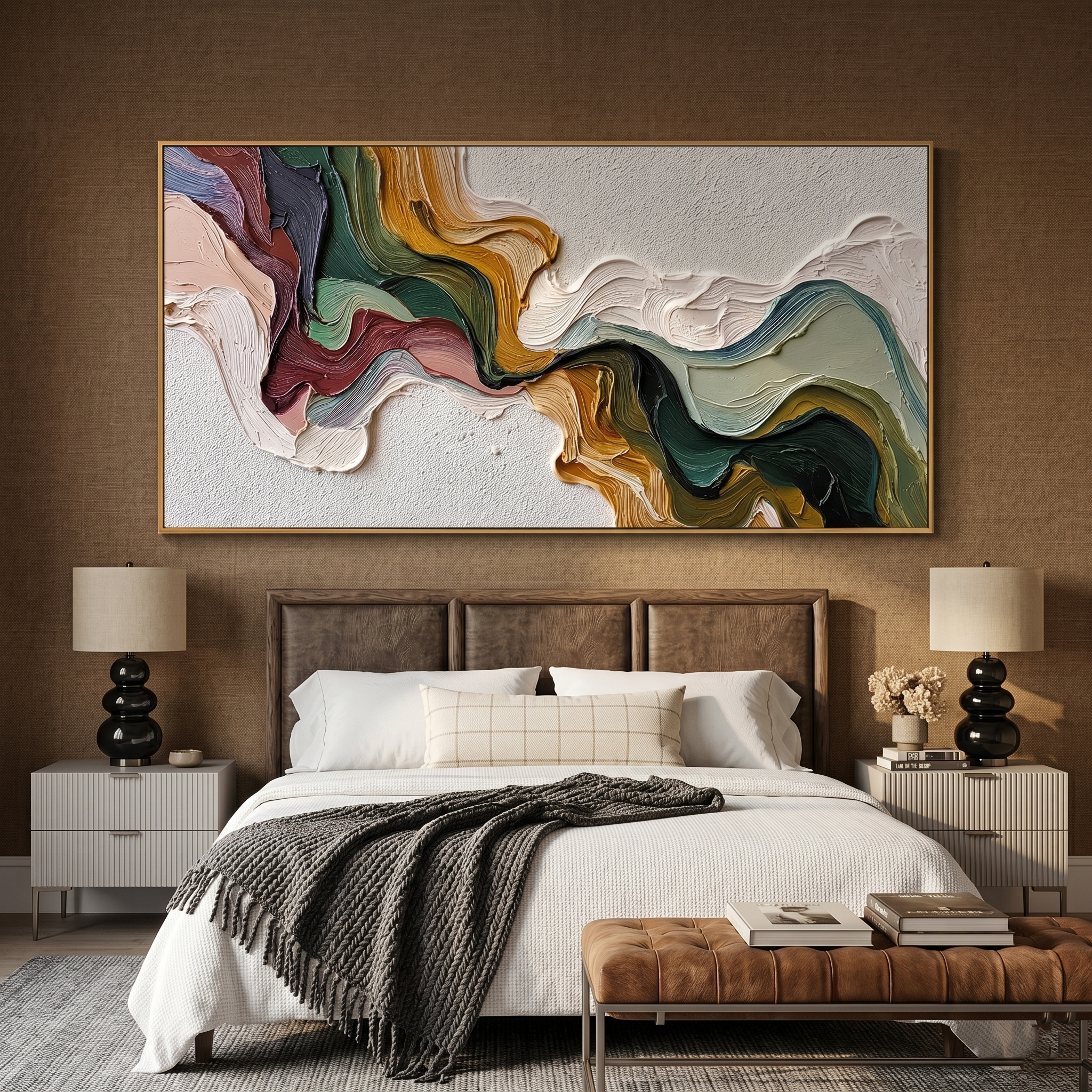 “Earthen Current” – Textured Abstract Impasto Painting in Olive Green and Ochre
