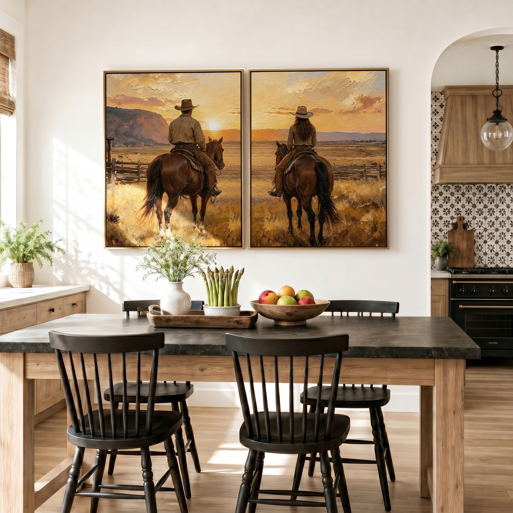 "Golden Horizon Companions" – Western Cowboy & Cowgirl Sunset Diptych Oil Painting