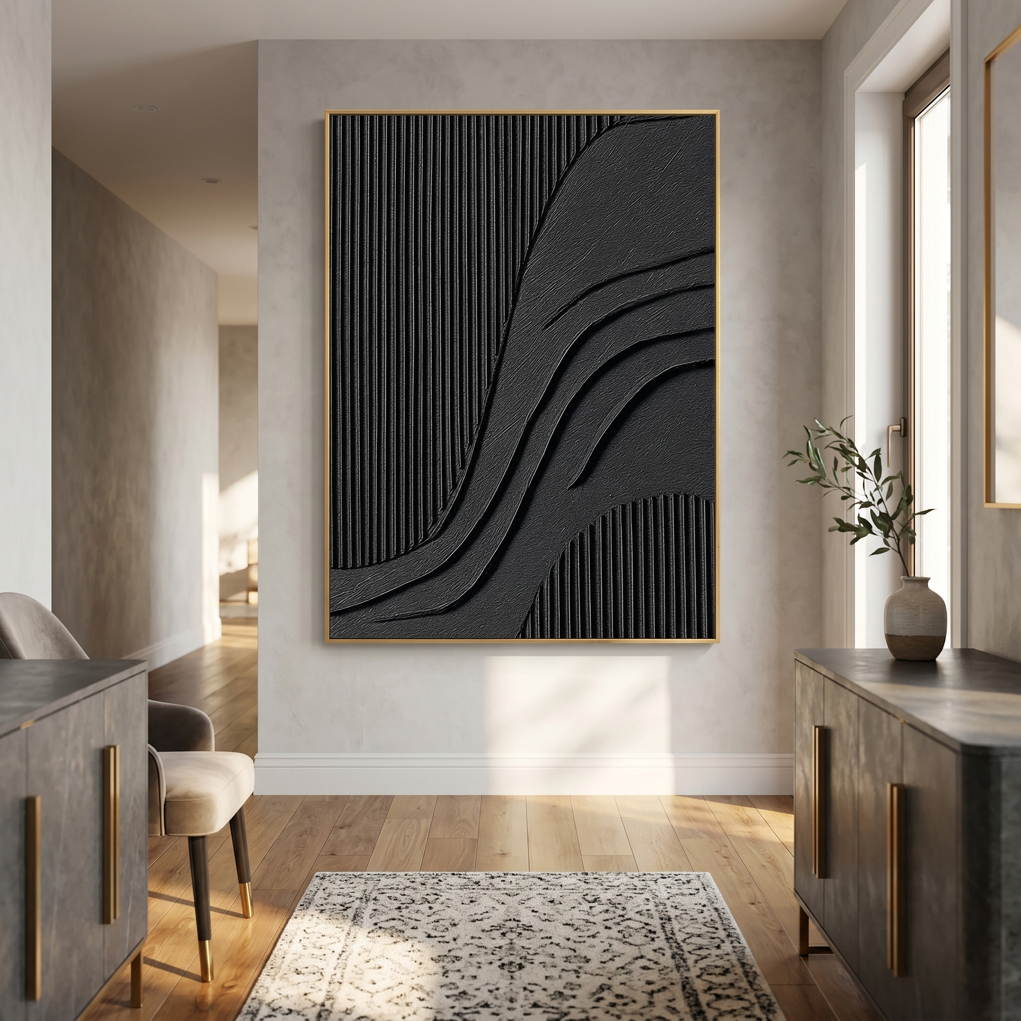 "Noir Rhythm" – Black Geometric Textured Abstract Painting