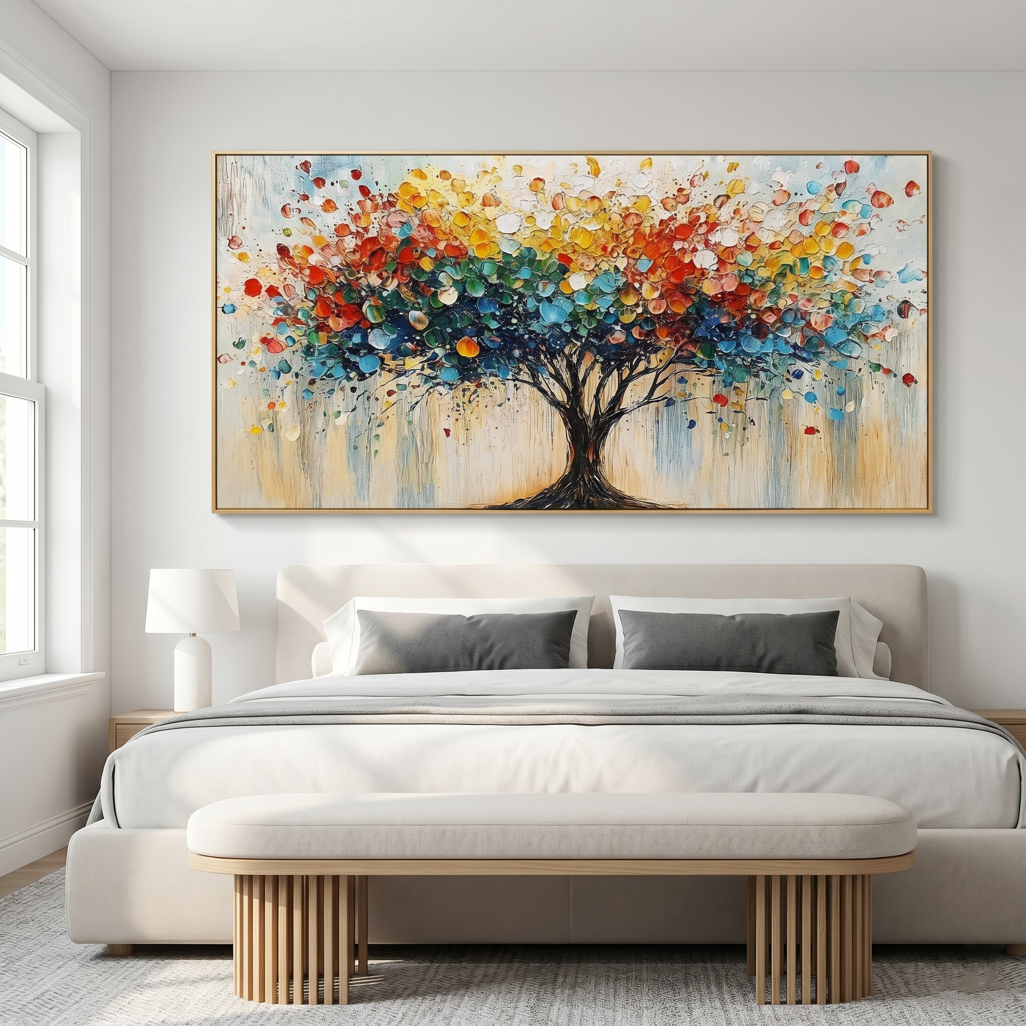 “Tree of Radiant Joy” – Colorful Abstract Tree Panoramic Hand-Painted Canvas Art