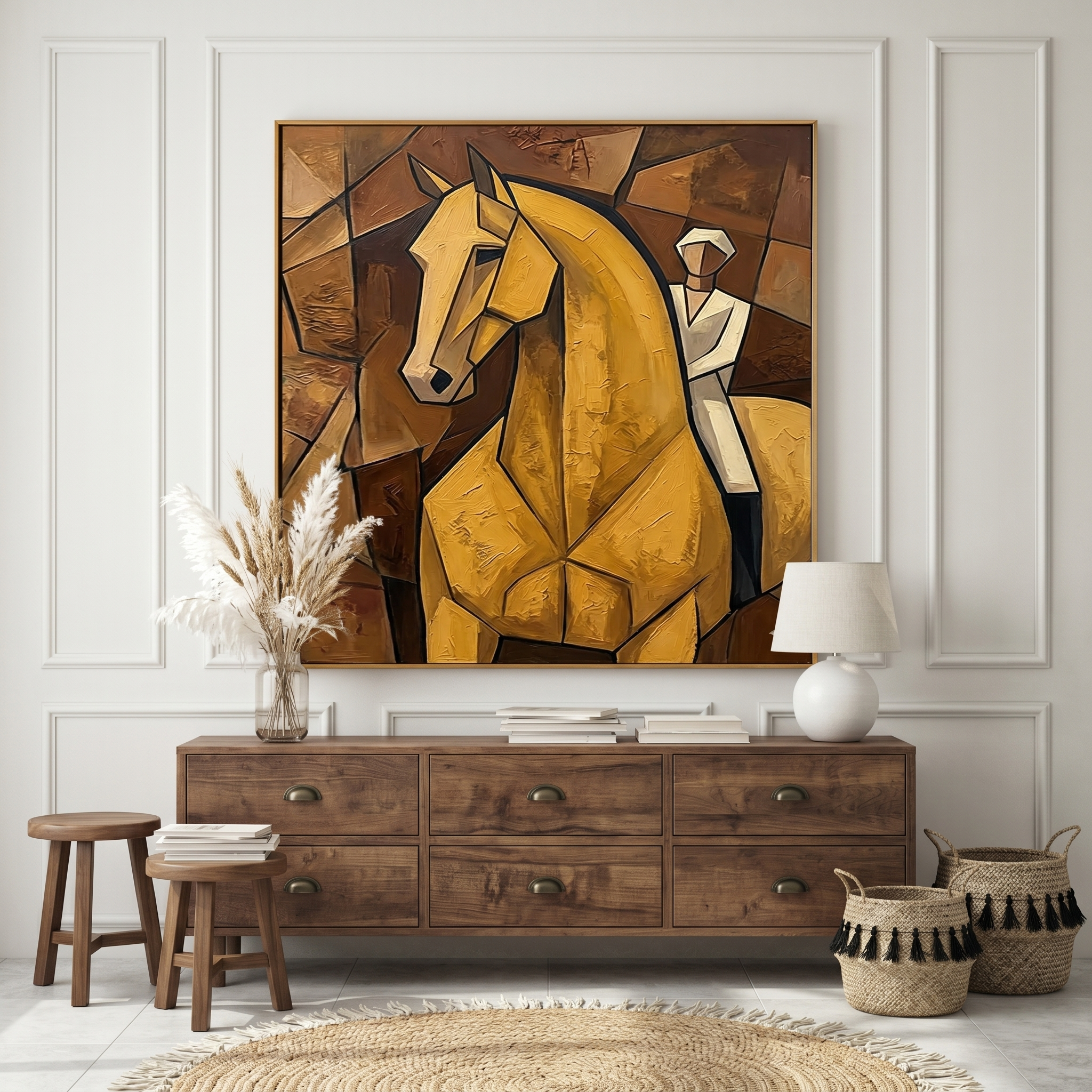"Golden Equestrian" – Cubist Horse Rider Oil Painting in Warm Brown Tones