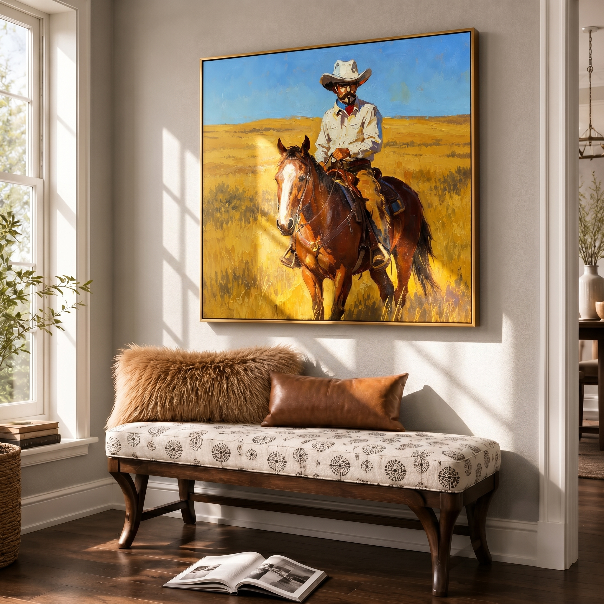 "Prairie Rider" – Western Cowboy Horse Oil Painting in Golden Grassland