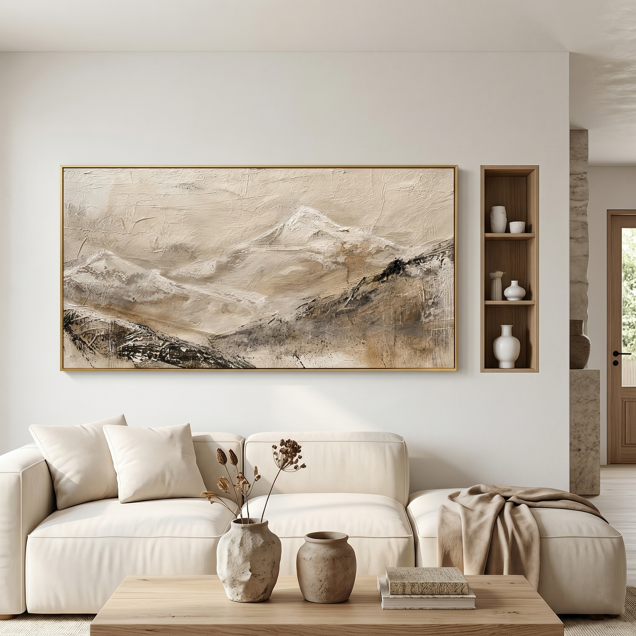 “Silent Mountain Trace” – Wabi-Sabi Beige Abstract Landscape Hand-Painted Canvas Art