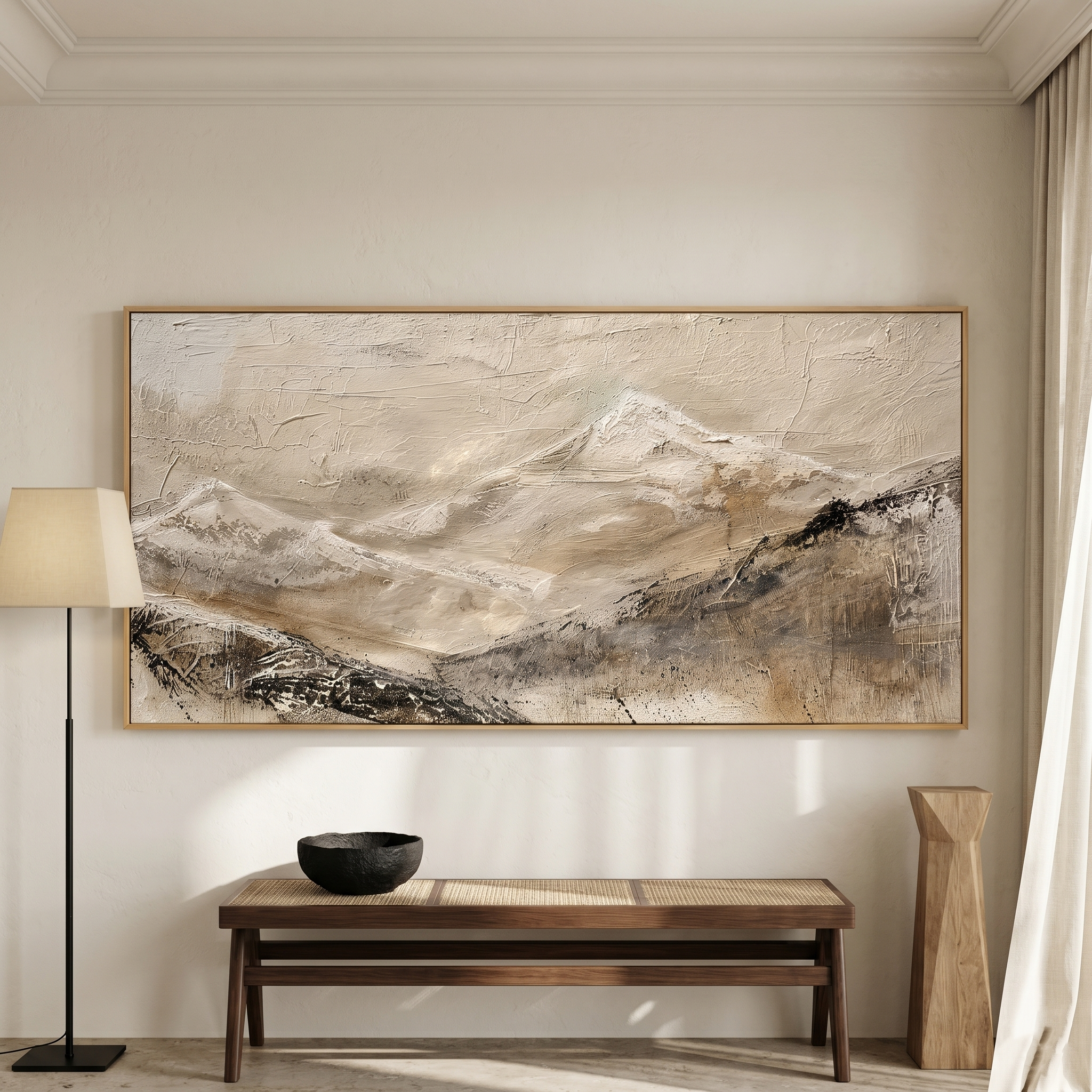 “Silent Mountain Trace” – Wabi-Sabi Beige Abstract Landscape Hand-Painted Canvas Art