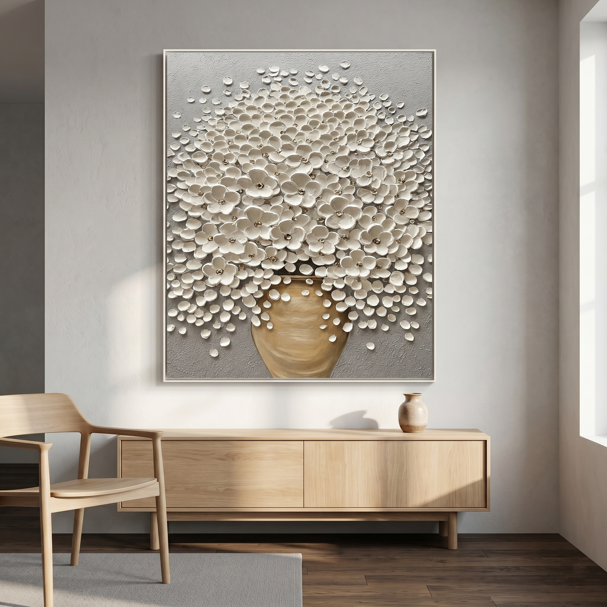 "Ivory Blossom Grace" – White Floral Vase Textured Oil Painting