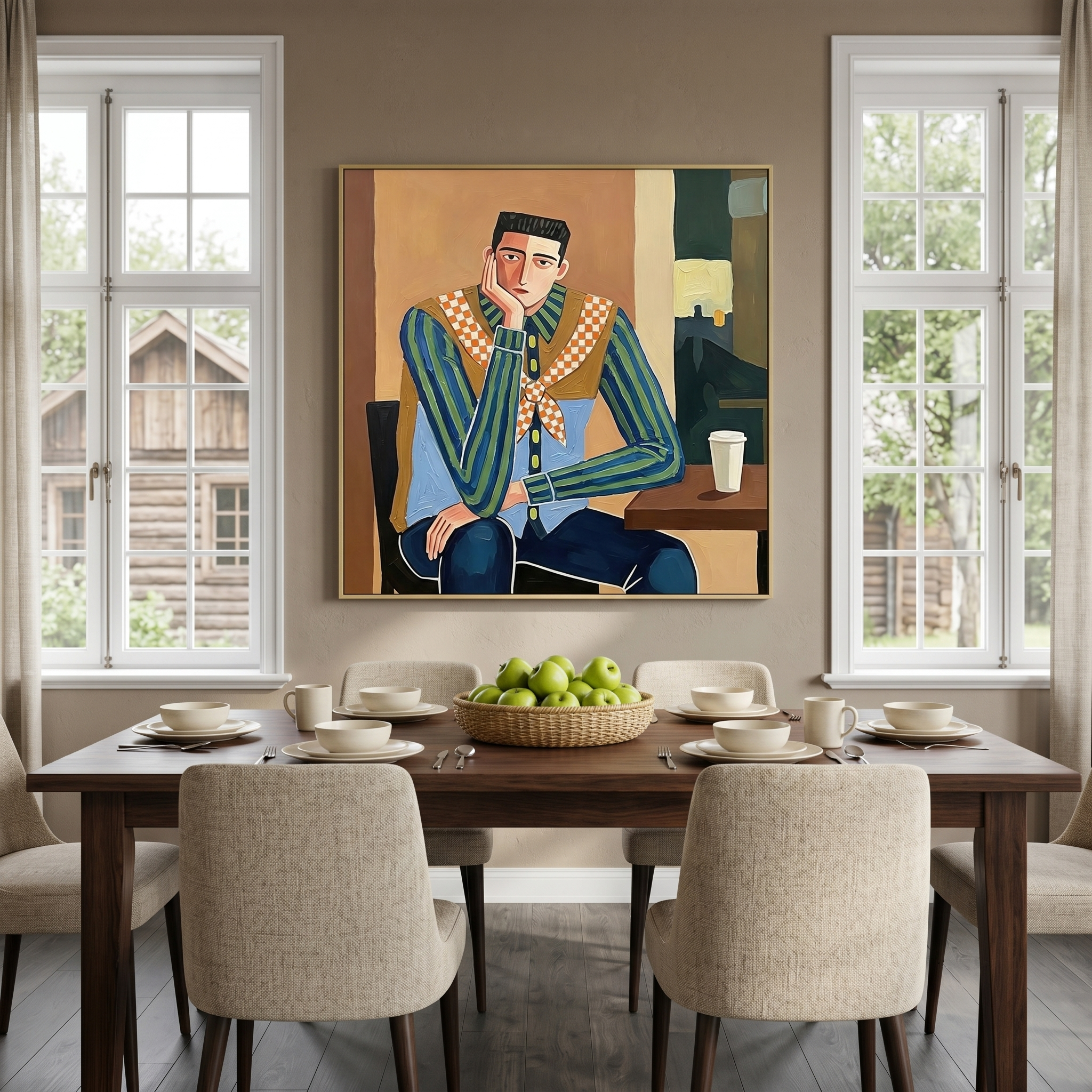 "Café Drifter" – Modern Western Man Oil Painting in Blue and Camel