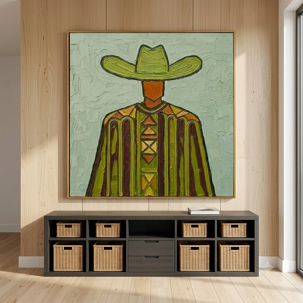 "Green Frontier" – Vintage Western Cowboy Textured Oil Painting
