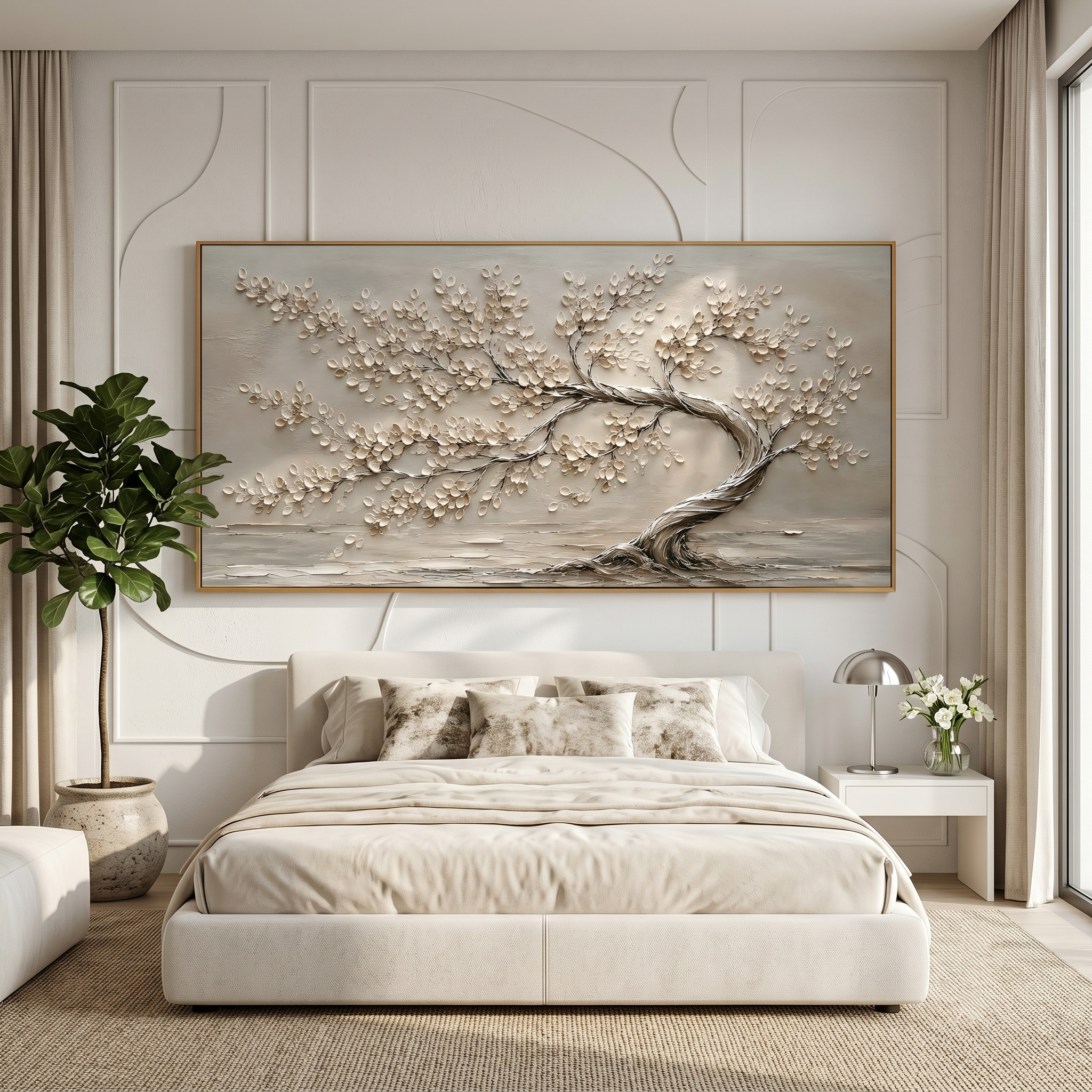 "Windswept Serenity" – Wabi-Sabi Neutral Textured Tree Oil Painting