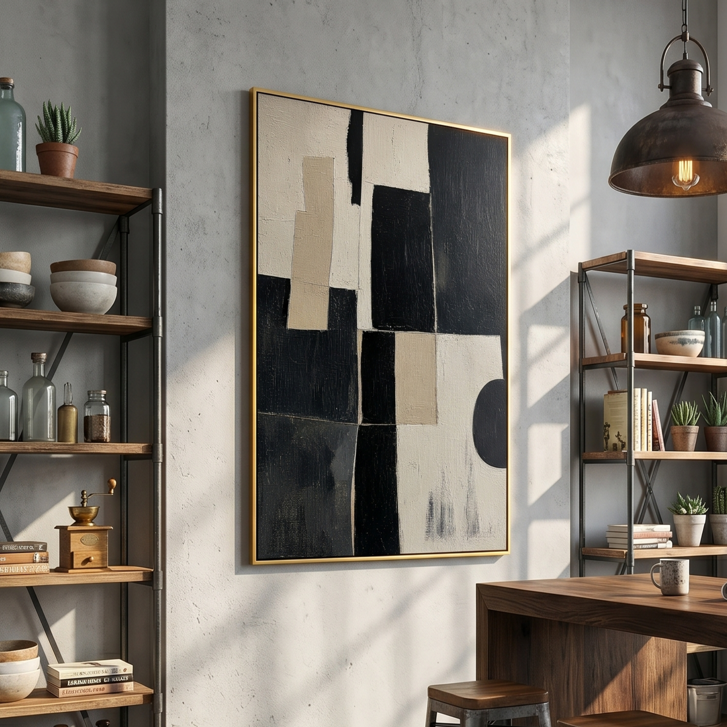 "Monochrome Structure" – Black White Geometric Abstract Painting
