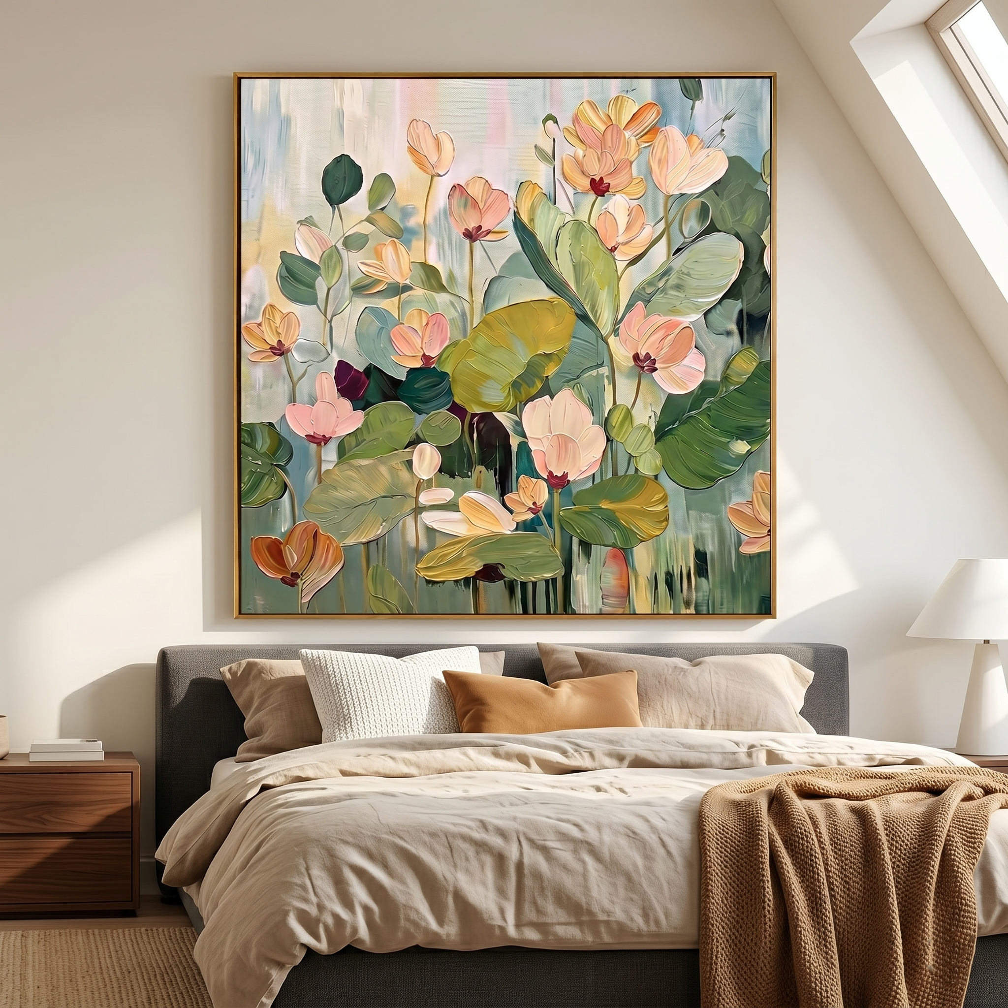 “Blooming Stillness” – Soft Green Lotus Floral Hand-Painted Canvas Art