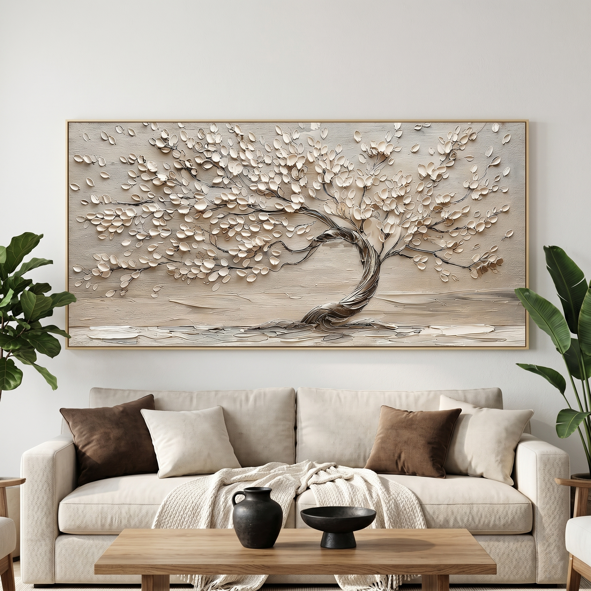 “Whispering Branches” – Wabi-Sabi Beige Tree Panoramic Hand-Painted Canvas Art