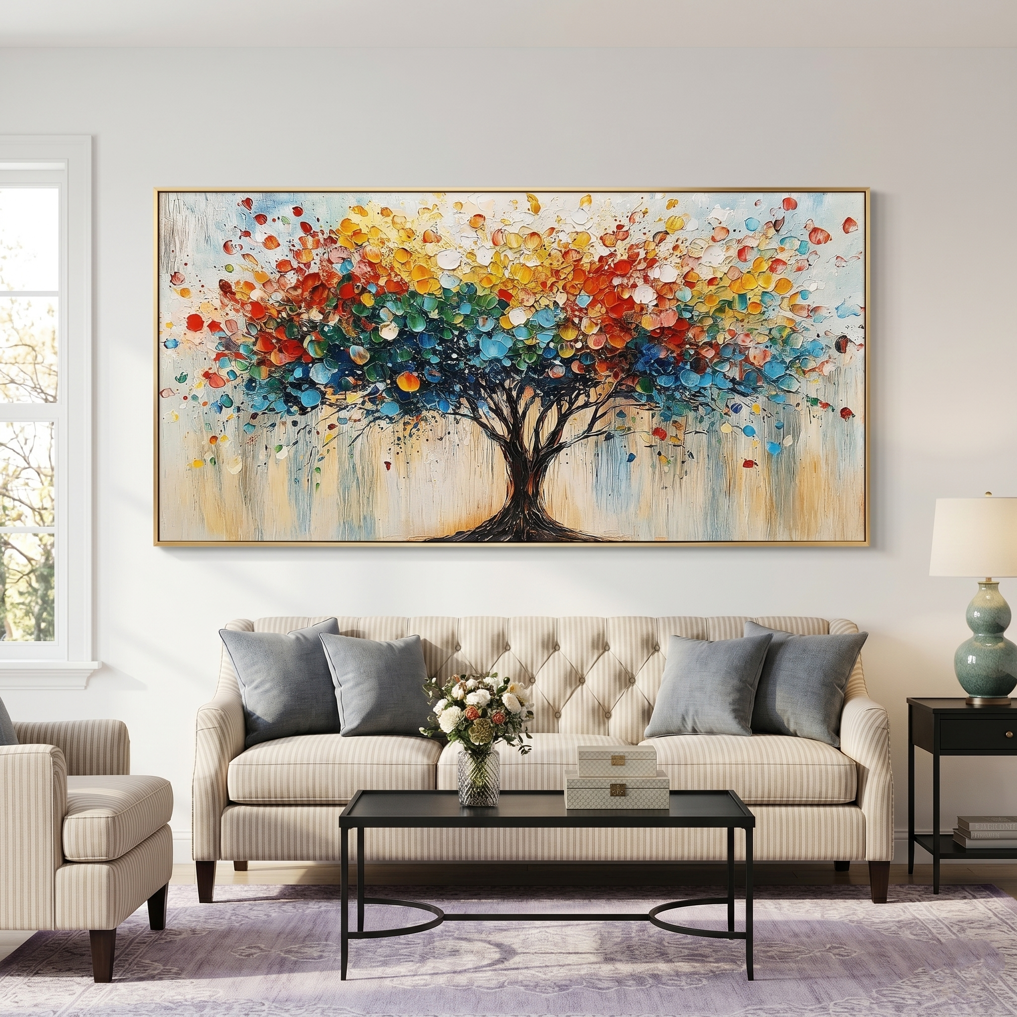 “Tree of Radiant Joy” – Colorful Abstract Tree Panoramic Hand-Painted Canvas Art