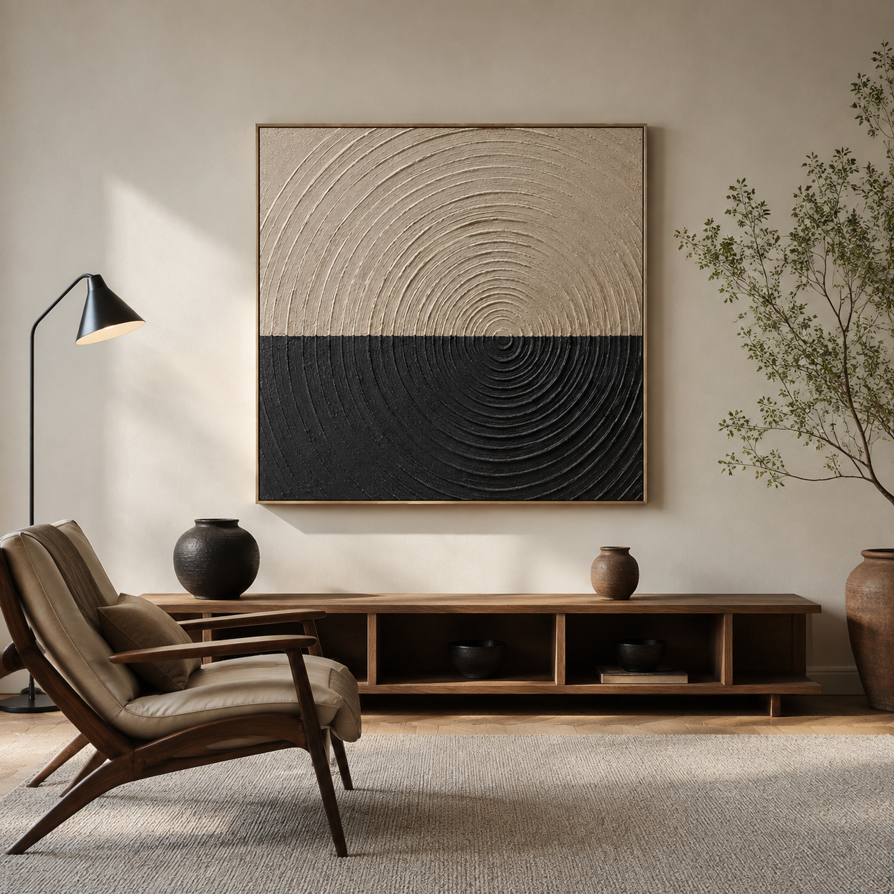 "Whispers of Time" – Wabi-Sabi Beige & Black Concentric Textured Acrylic Canvas