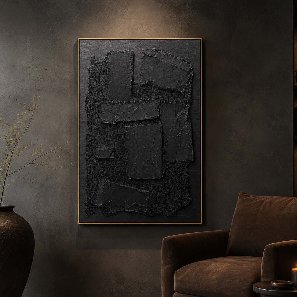 "Shadow Relic" – Black Wabi Sabi Abstract Textured Wall Art
