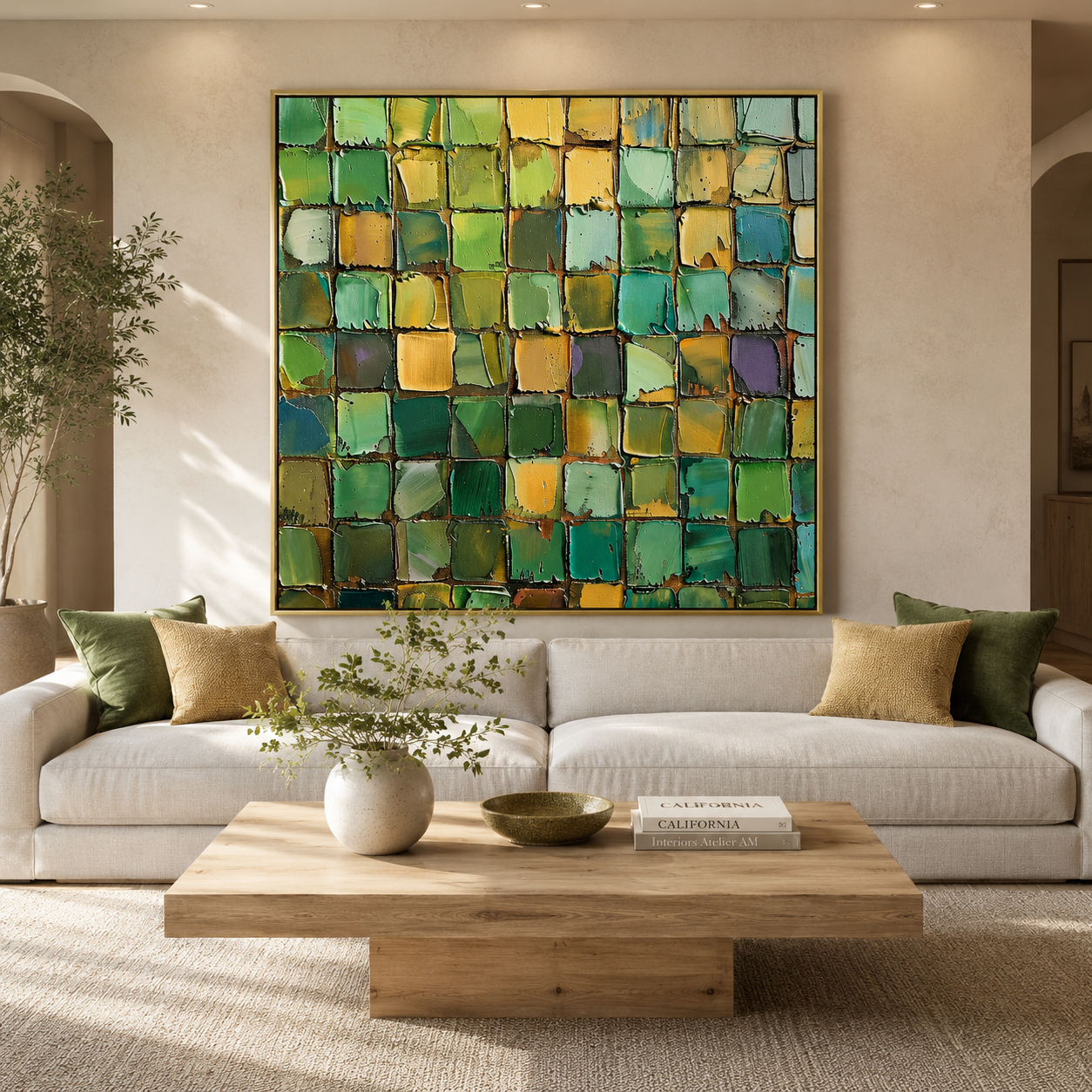 "Verdant Mosaic" – Green Gold Textured Abstract Painting
