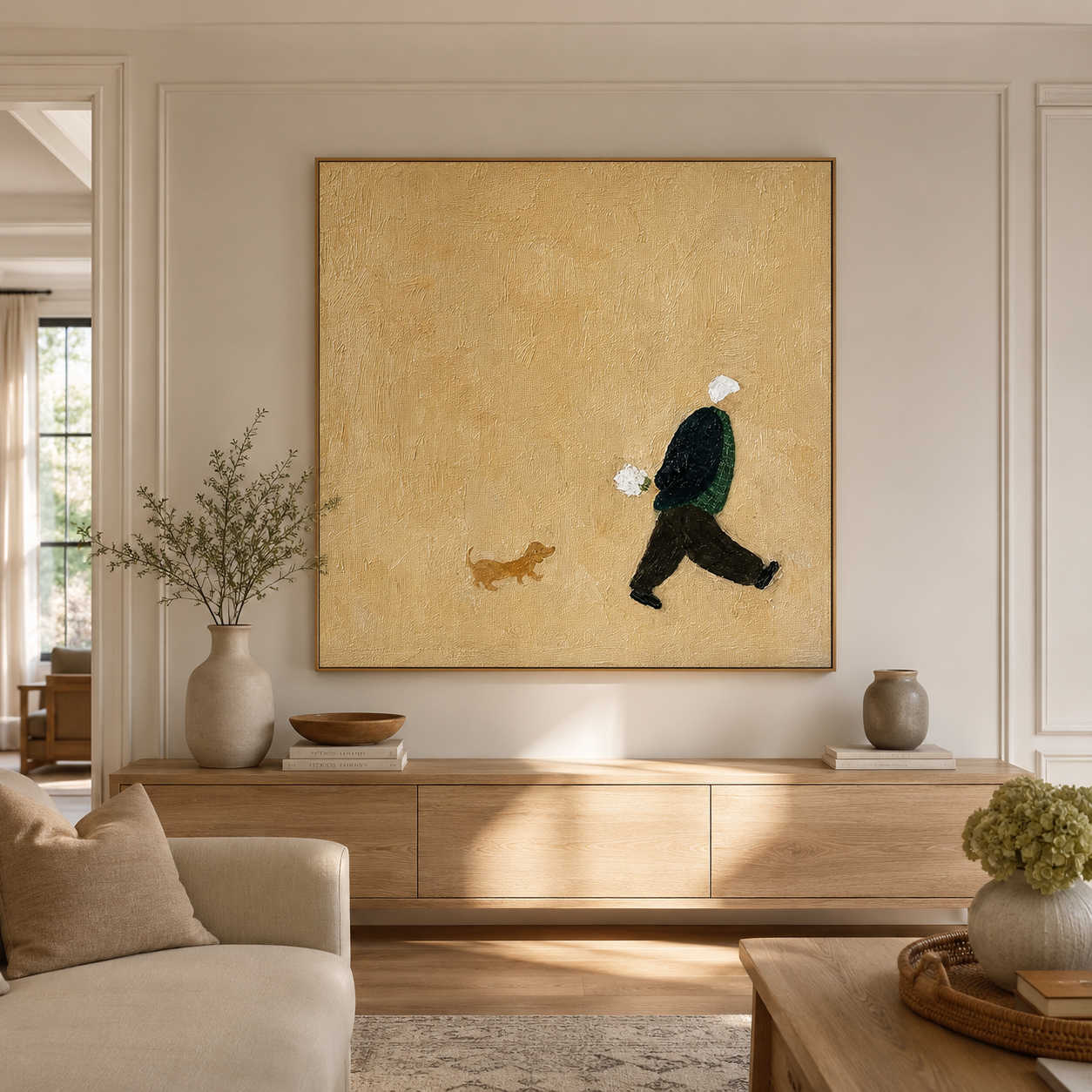 "Afternoon Walk" – Minimalist Figure and Dog Textured Painting