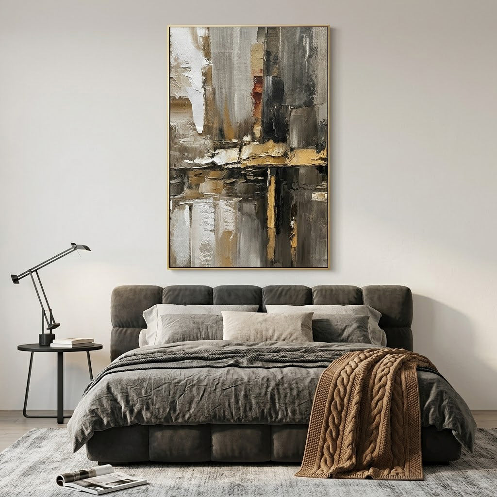"Urban Relic" – Industrial Black Gold Textured Abstract Painting