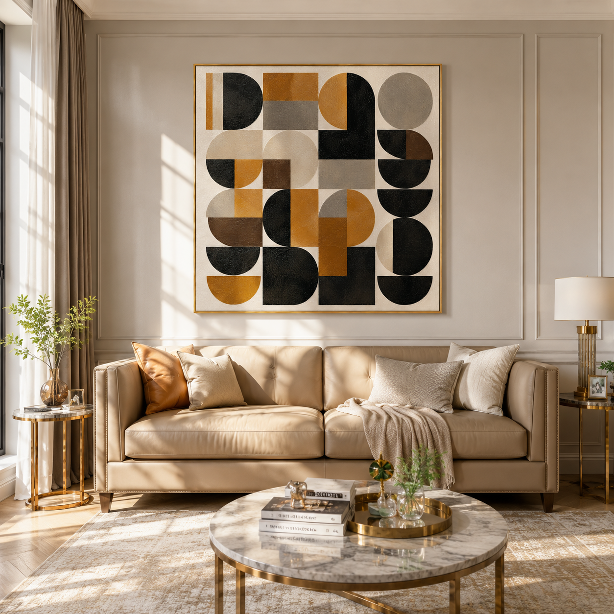 "Retro Geometry" – Bauhaus Black Mustard Abstract Painting